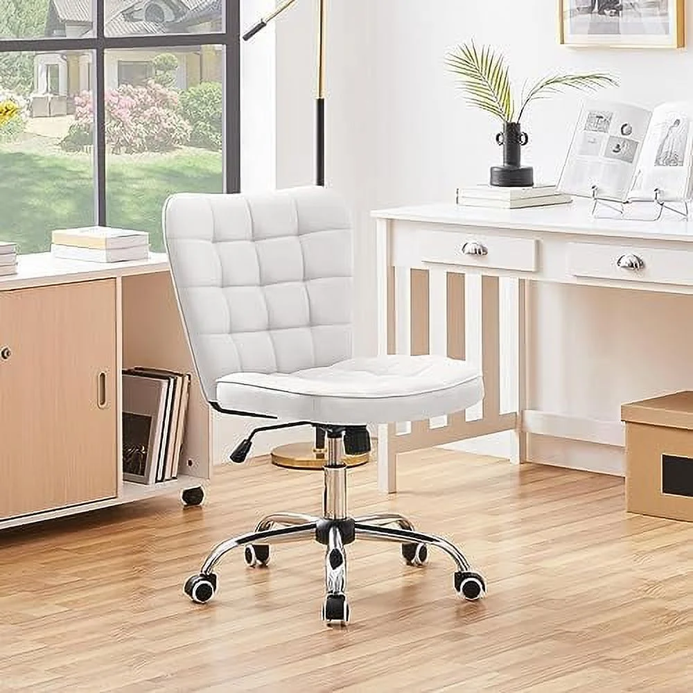 Armless Desk Chair JOMA Tufted Office Chair Faux Leather Upholstered Computer Chair with Adjustable Seat Height and Rolling Wheels for /Office  White
