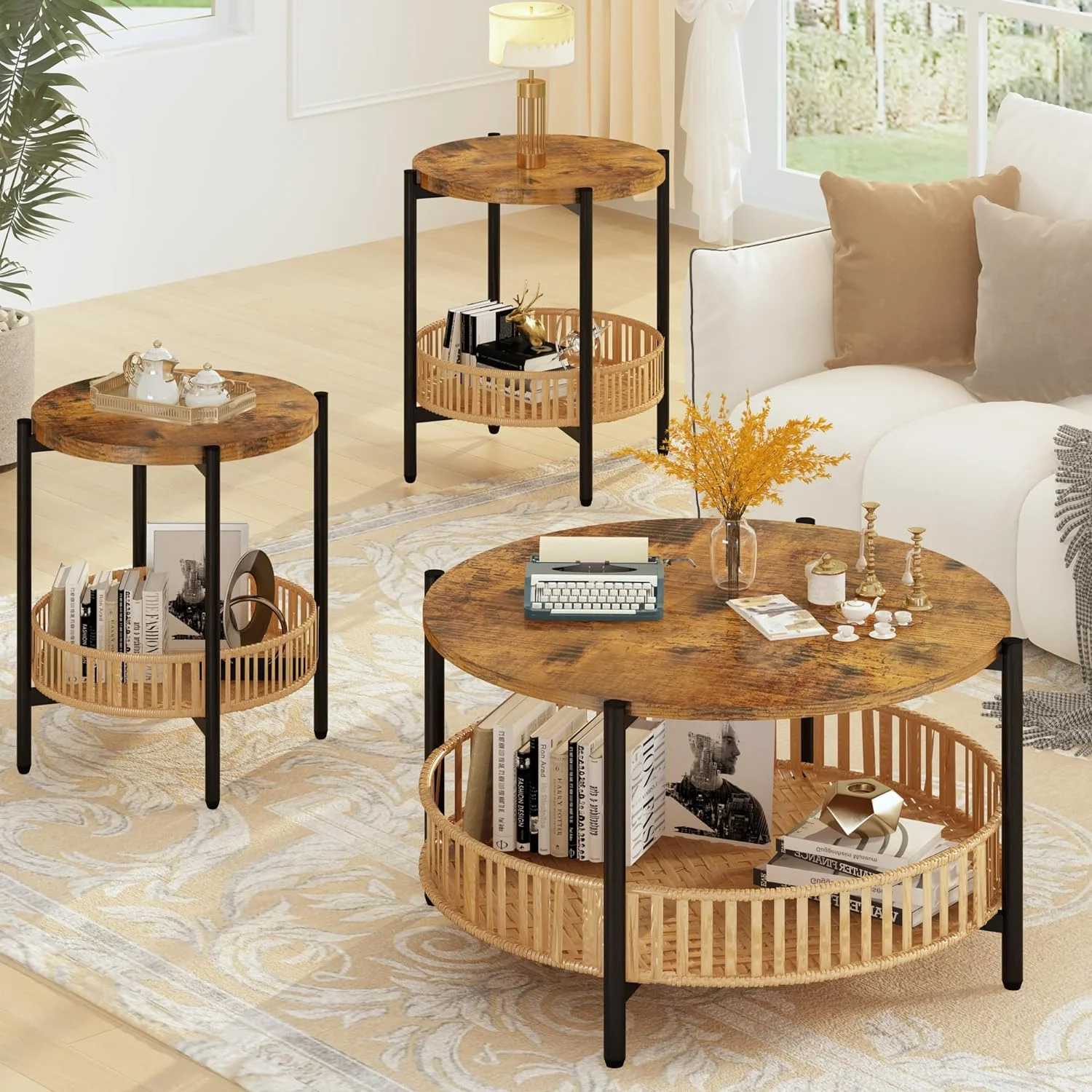 3 Pieces Coffee Table Set for Living Room, 2 Tier Round Rattan Coffee End Side Table, Boho Living Room Table Set with Metal Frame for Bedroom Office
