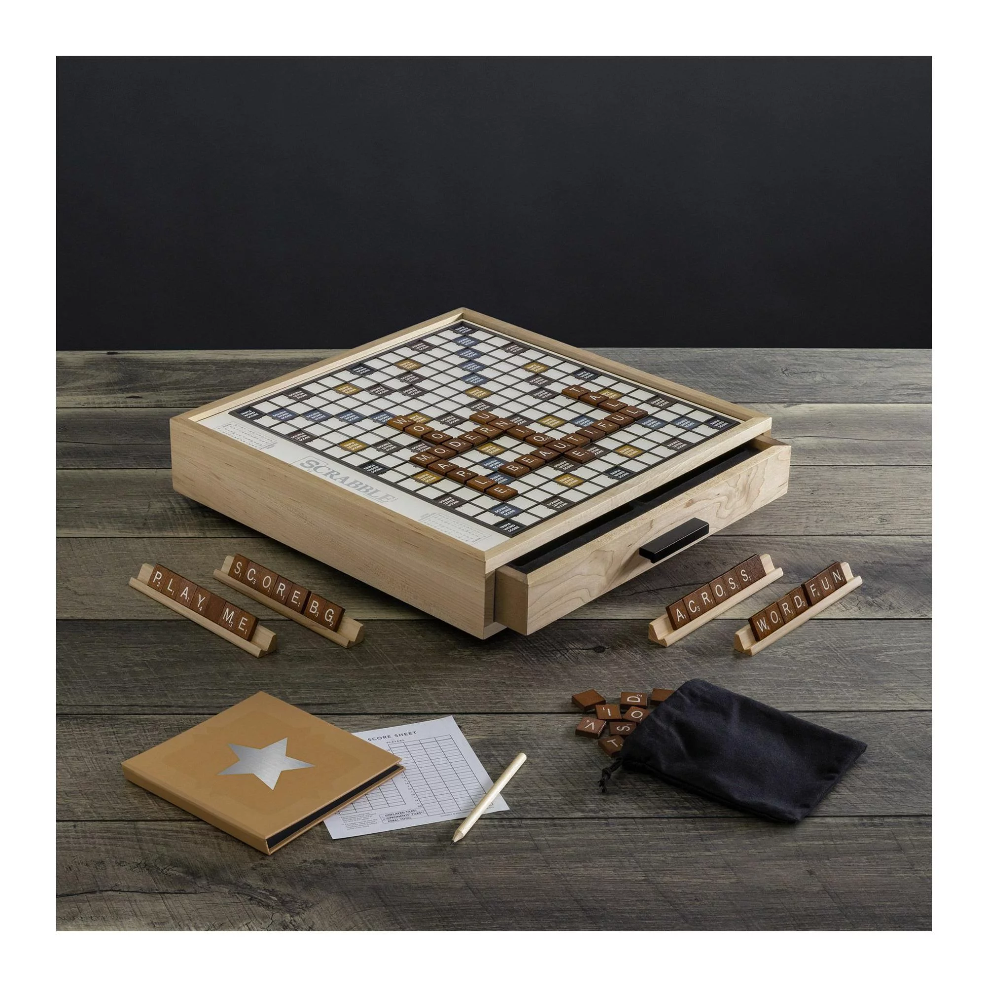WS Game Company Scrabble Luxe Maple Edition with Rotating Solid Wood Cabinet