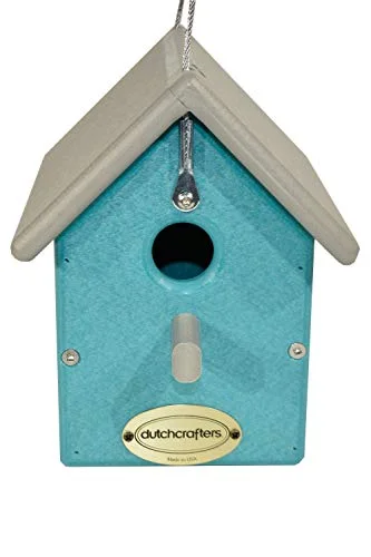 Small Plastic Poly Hanging Bird House with Perch and Detachable Roof, Outdoor Nesting Box for Wild Birds - Amish Made in USA (Light Gray & Aruba Blue)