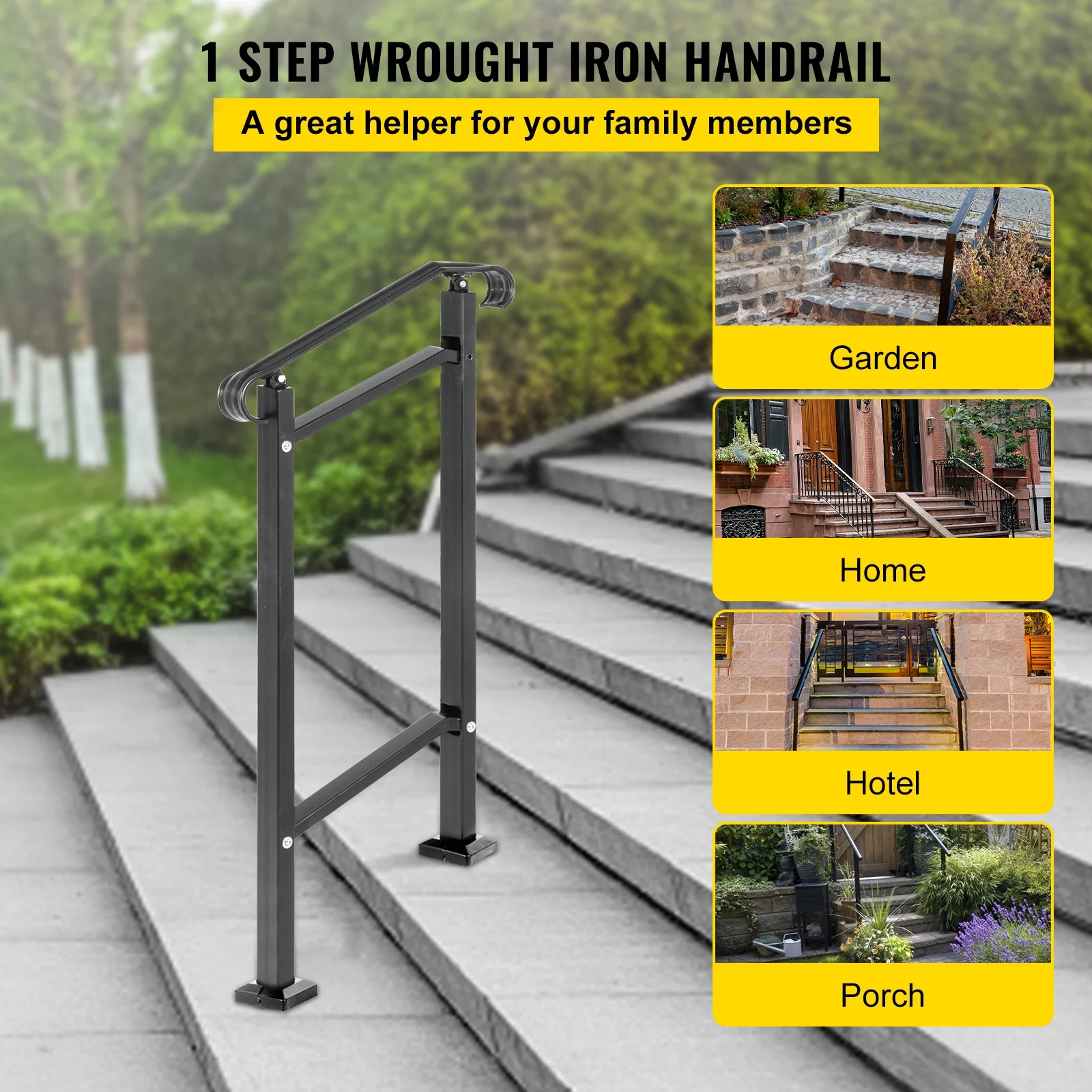 SKYSHALO Wrought Iron Handrail, Adjustable Front Porch Hand Railings, Black Transitional Hand Rail for Wooden Stairs with Installation Kit, Fit 1 or 2 Steps Outdoor Stair Railing,