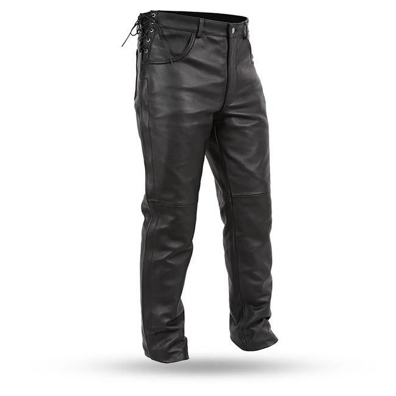 First Mfg Co - Baron - Men's Motorcycle Biker Riding Black Leather Pants - Size 42 - Side Lacing Detail Zipper Down The Legs