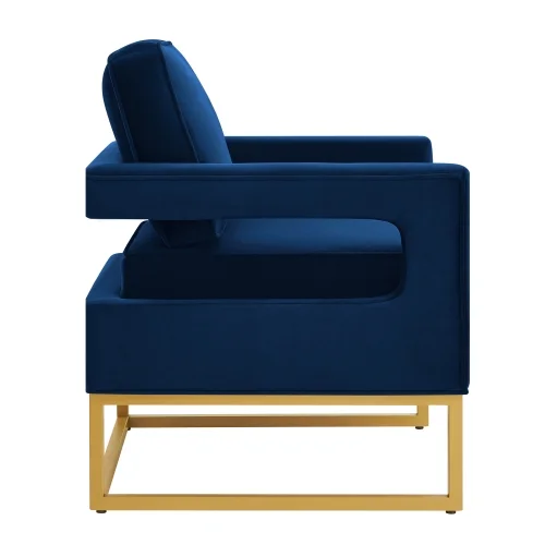 JHOOTUUO Modern Style Accent Chair with Gold Metal Base   Velvet Upholstered Leisure Chair with Open Armrest  Armchair  Navy