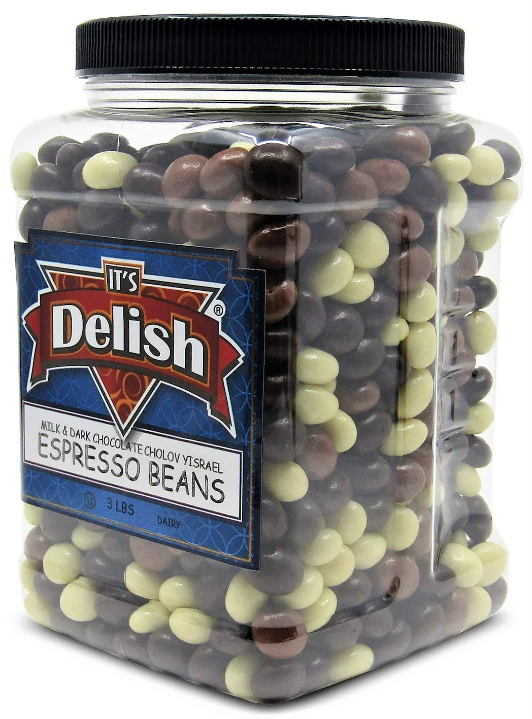 Gourmet Chocolate Covered Espresso Beans Medley by Its Delish , 3 LBS Jumbo Reusable Container - Premium Kosher Dairy Mix of Dark, Milk & White Chocolate Covered Coffee Beans