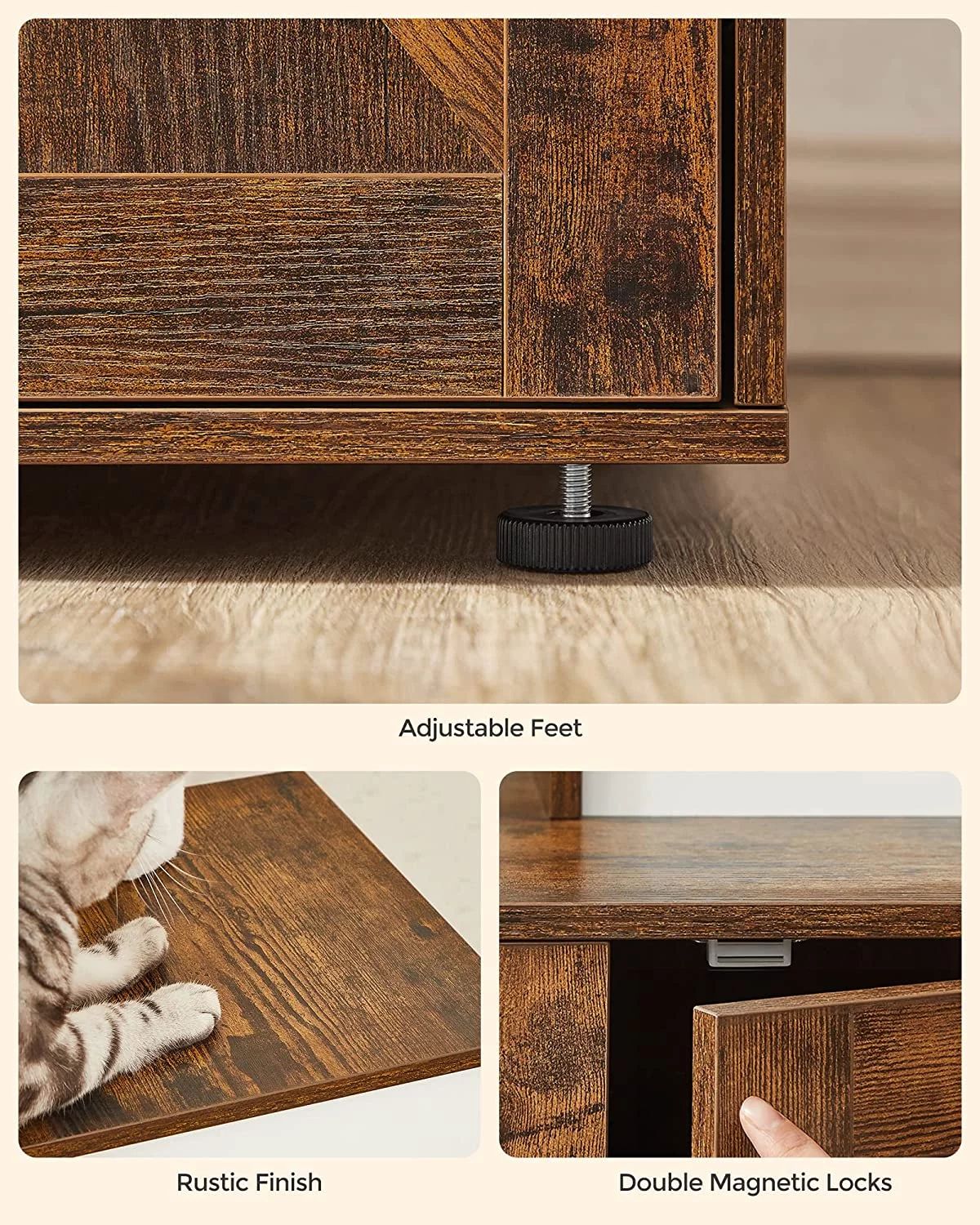 WoodyWonders Cat Tree with Litter Box Enclosure, 2-in-1 Modern Tower, Furniture Hidden, Cat Condo with Scratching Posts, Removable Pompom Sticks, Rustic Brown UPCT113X01