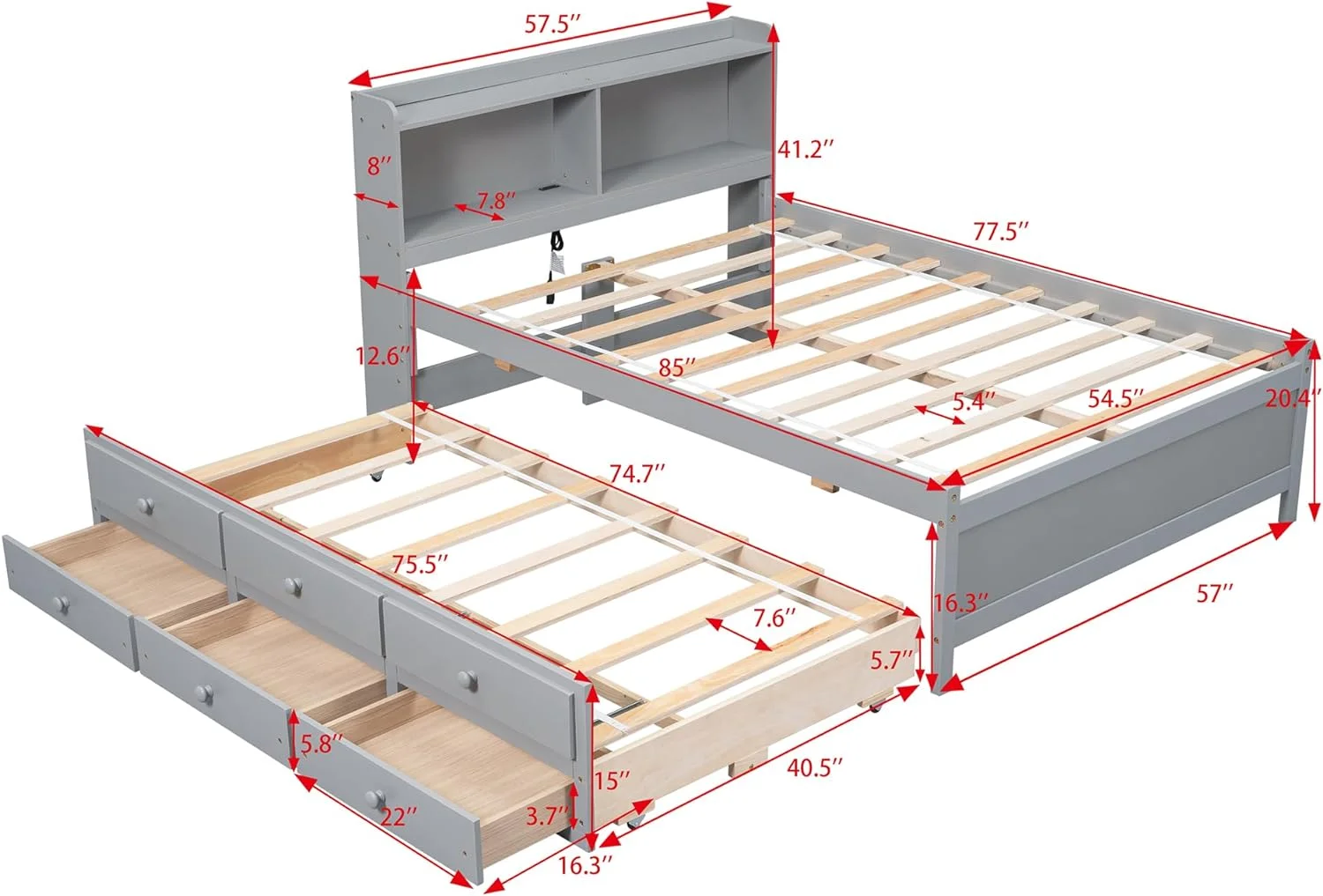 Full Size Bed With Trudle Ad Drawers, Full Stora Bed With Bookcase Headboard, USB,Type-C Ports Ad LED Light, Wood Full Bed Frames For Kids Tees Adults - Gray