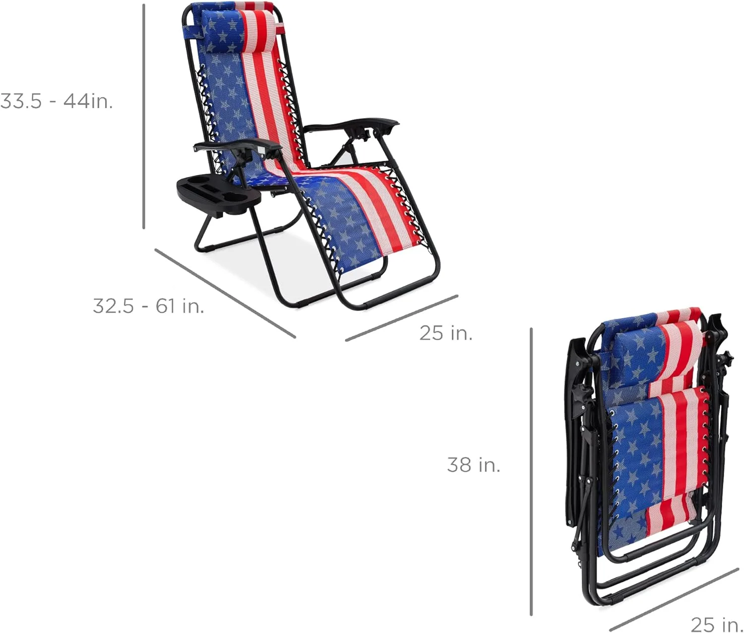Set of 2 Adjustable Steel Mesh Zero Gravity Lounge Chair Recliners w/Pillows and Cup Holder Trays - American Flag