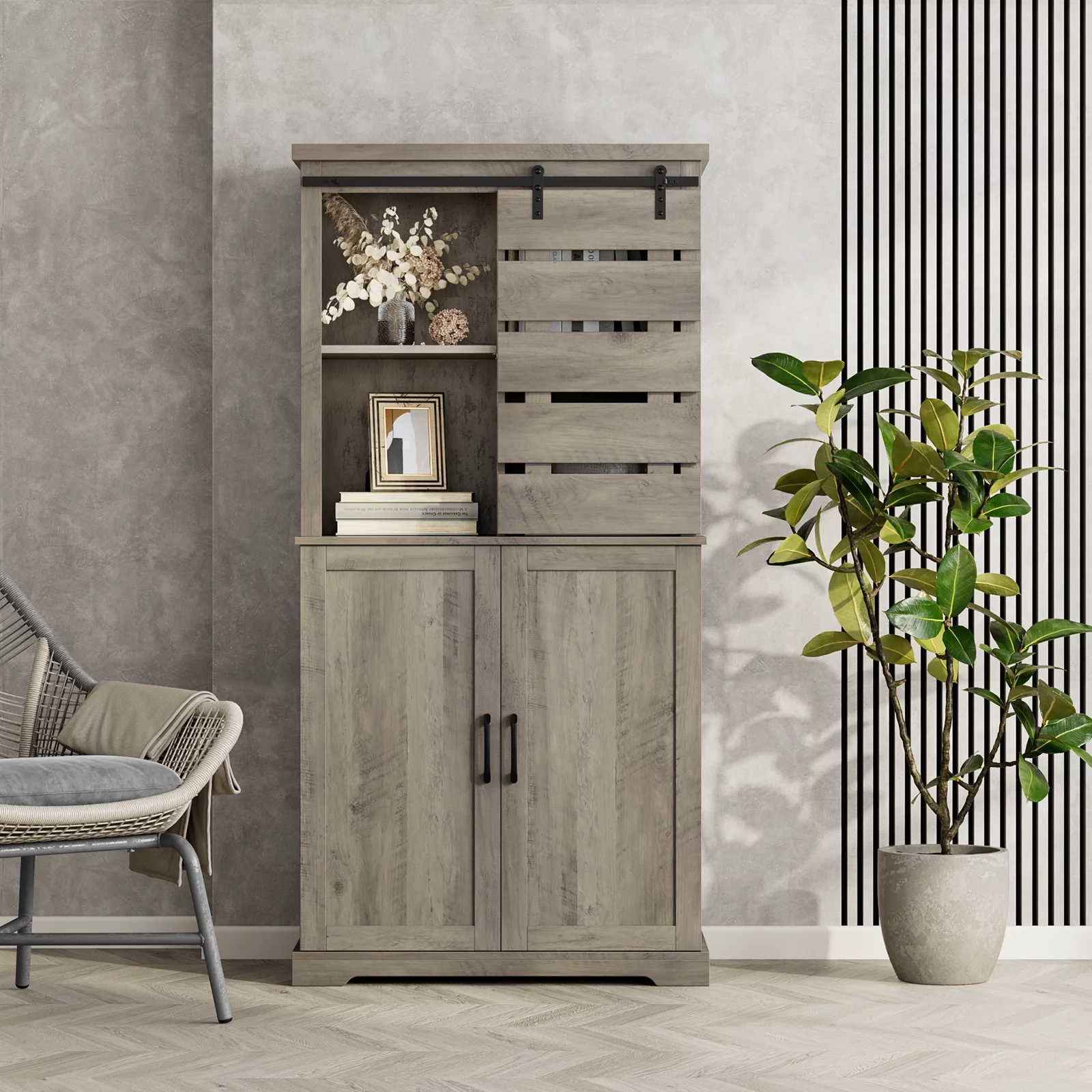 Homfa Farmhouse Pantry Storage Cabinet with Sliding Barn Door, Freestanding Kitchen Sideboard Buffet with Hutch, Gray