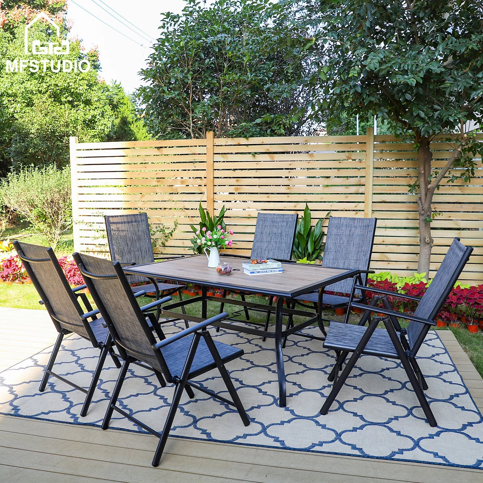MF Studio 7-Piece Outdoor Patio Dining Set with Textilene 7-level Adjustable Folding Chairs&Rectangle Wood Table, Gray