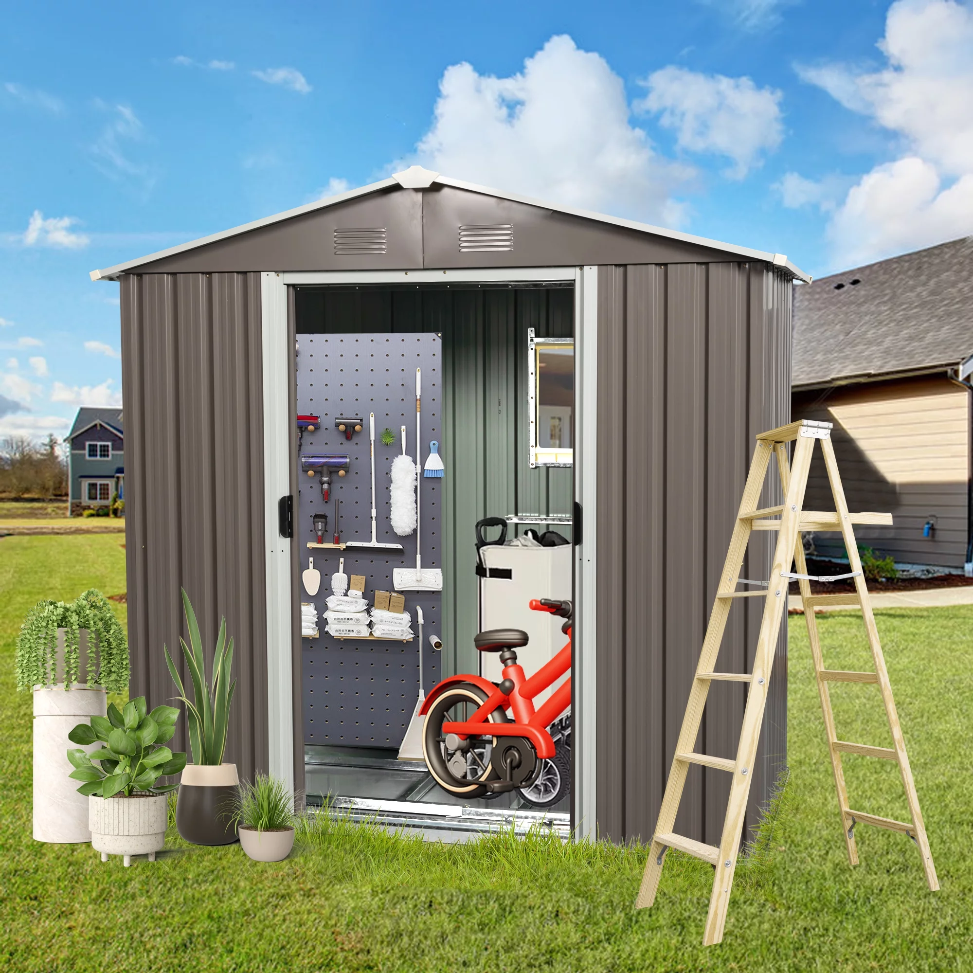 Homiyad 8FT X 4FT Outdoor Metal Storage Shed with Window