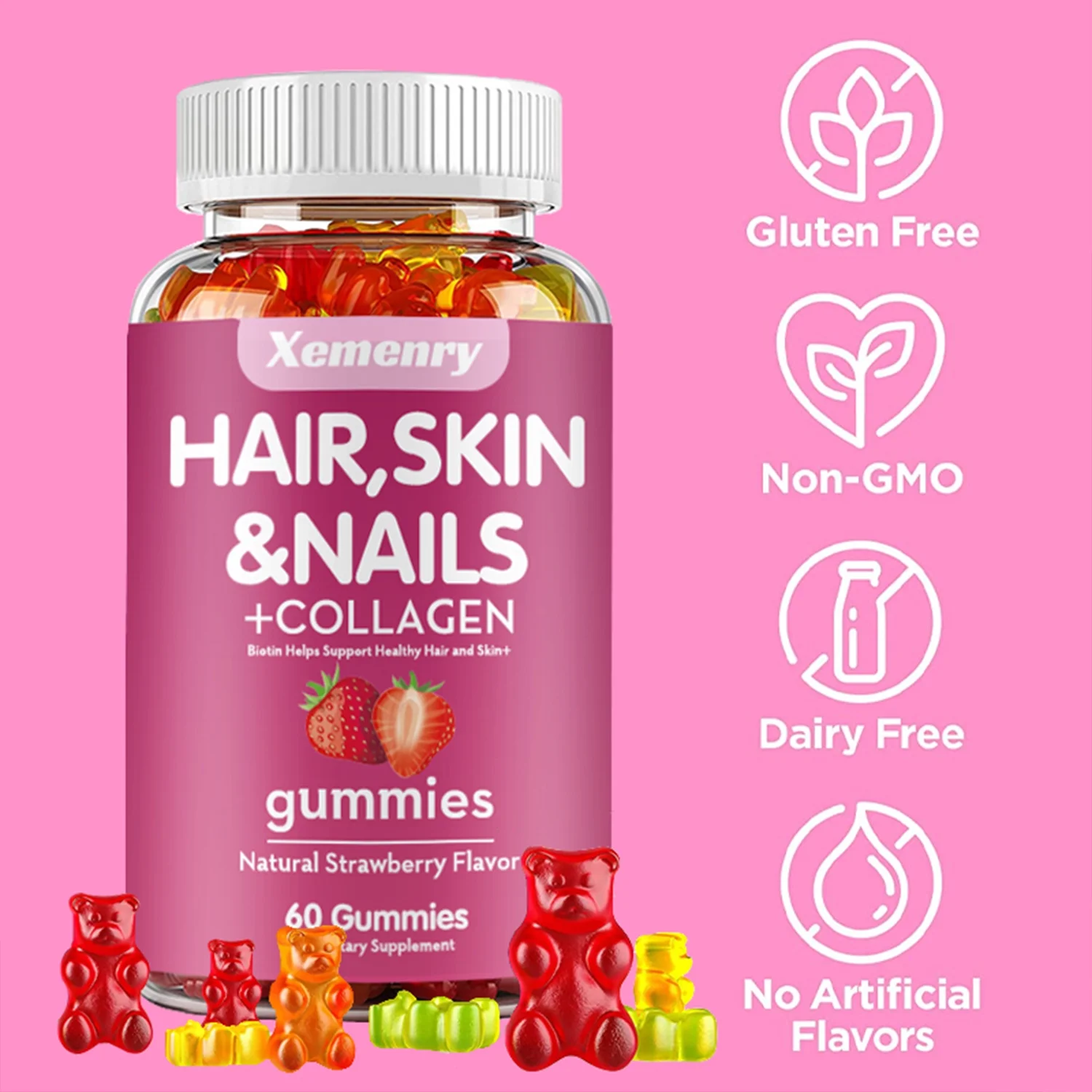 Xemenry Hair, Skin & Nails Gummies - with Biotin & Collagen - Promotes Healthy Hair (30/60/100pcs)