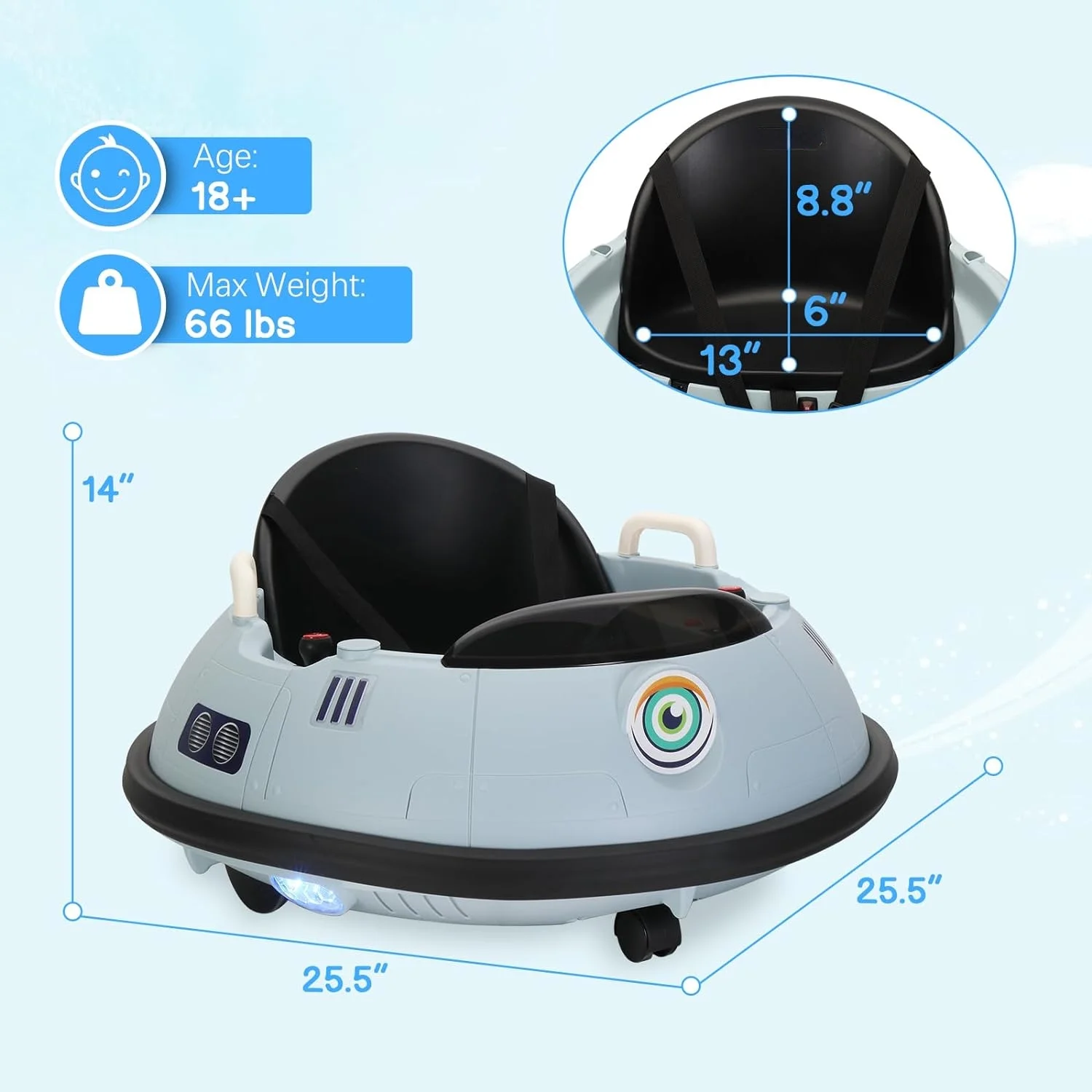 Electric Bumper Car for Kids & Toddlers, 12V Ride On UFO Bumping Toy Car Gifts, Manual and Remote Control, LED Lights, 360 Degree Spin (Grey)