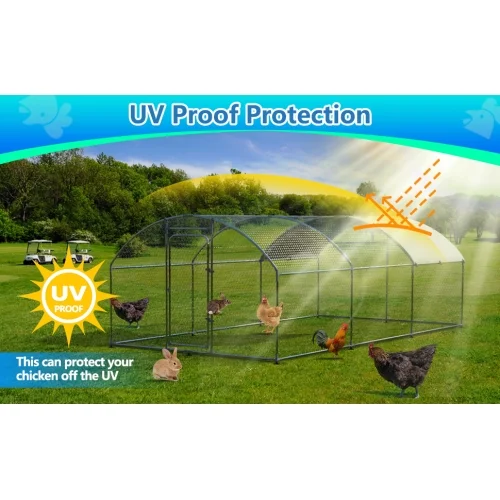 Metal Large Chicken Coop Walk-in Poultry Cage Large Chicken Run Arc Shaped Cage with Waterproof Anti-Ultraviolet Cover, 1.00