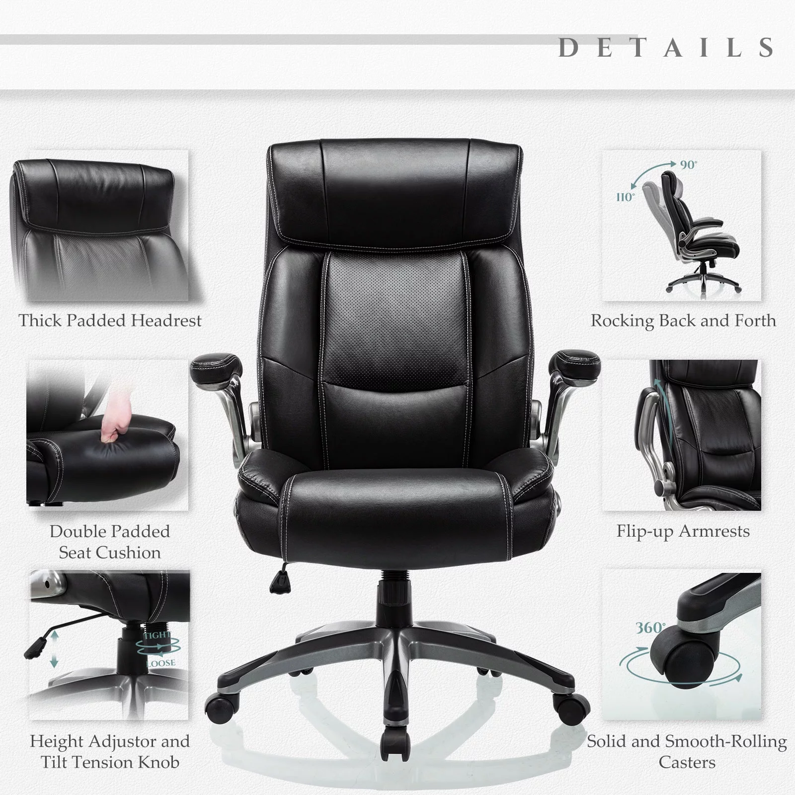 Flip-up Arm Office Chair Adjustable Ergonomic Design for Home Office, Black