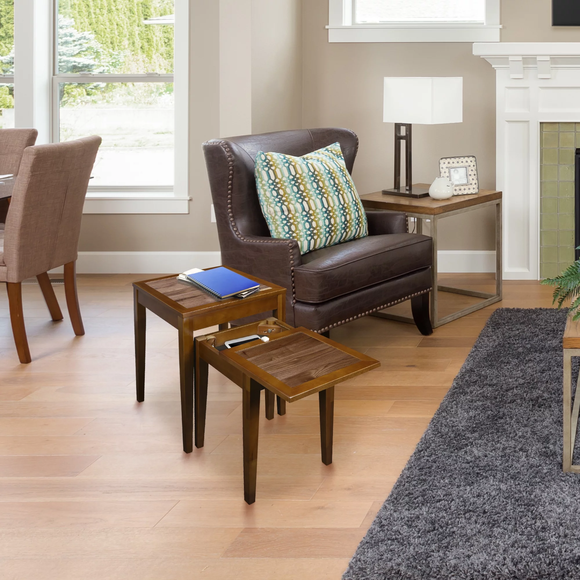 Casual Home Lincoln Nesting End Tables with Concealed Compartment, Solid American Walnut Top