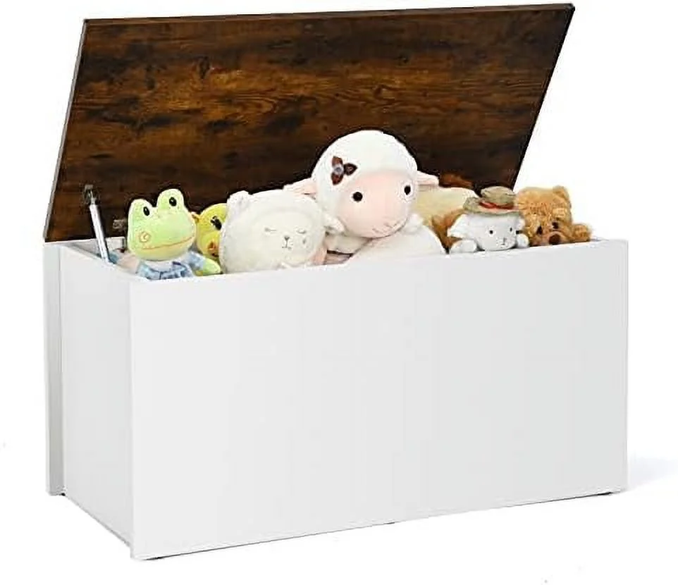 CHNJHUM Toy Box  Chest  Wooden Children  Bench Ottoman Trunk w/Flip-top Lid  35.5\u201D Wide Toddler Cabinet Organizer w/Pneumatic Rod for  Play Room Nursery (Rustic Brown + White)
