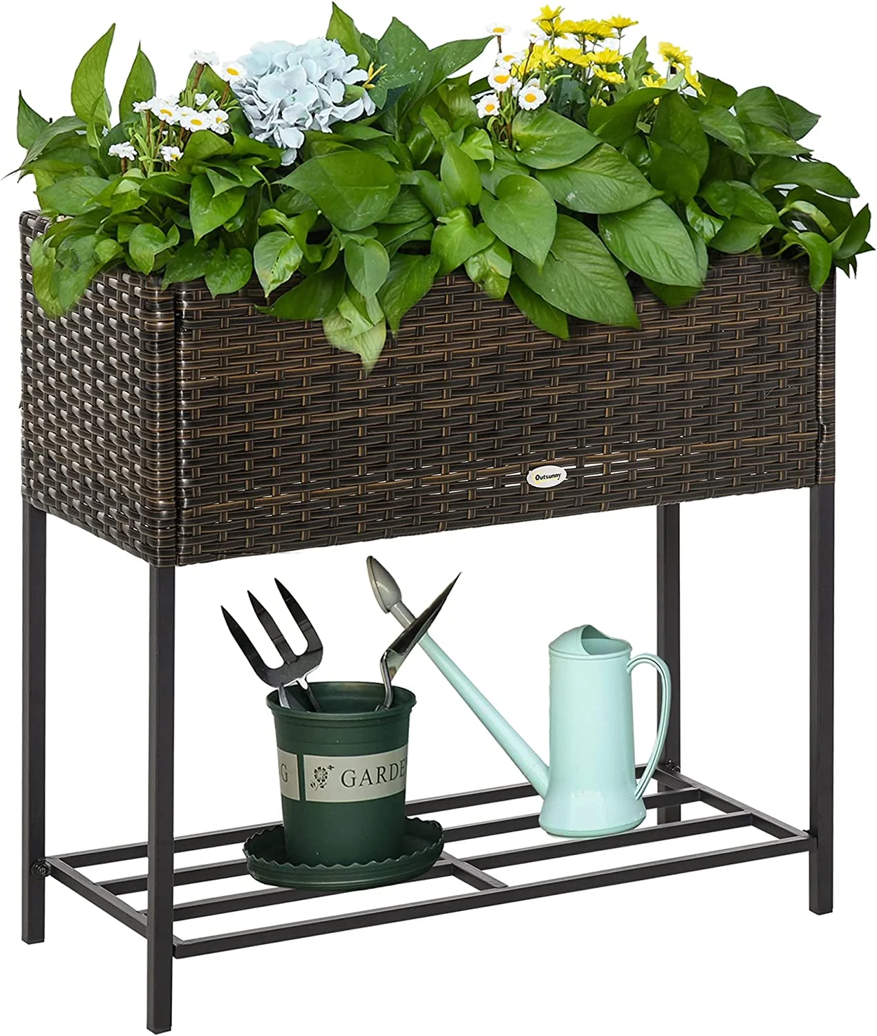 Raised Garden Bed, Elevated Planter Box With Rattan Wicker Look, Tool Storage Shelf, Portable Design For Herbs, Vegetables, Flowers, Brown
