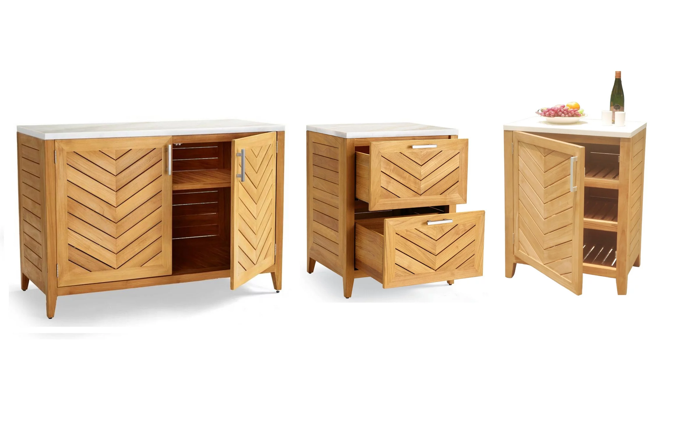 Grade A Teak Wood Outdoor Patio 3 pc Ventura Teak Cabinet Set With 1 Door, 2 Doors and 2 Drawers #53Ve