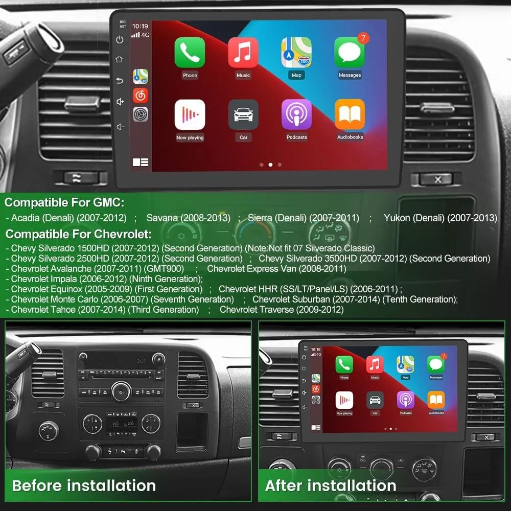 THONZER Car Stereo Radio 10.1 Inch For Chevy Chevrolet Silverado Tahoe Equinox GMC Sierra Yukon Android 12 Car Radio Audio 2GB+32GB CarPlay Android Auto Mirror Link GPS Sat Nav Bluetooth WiFi USB DAB