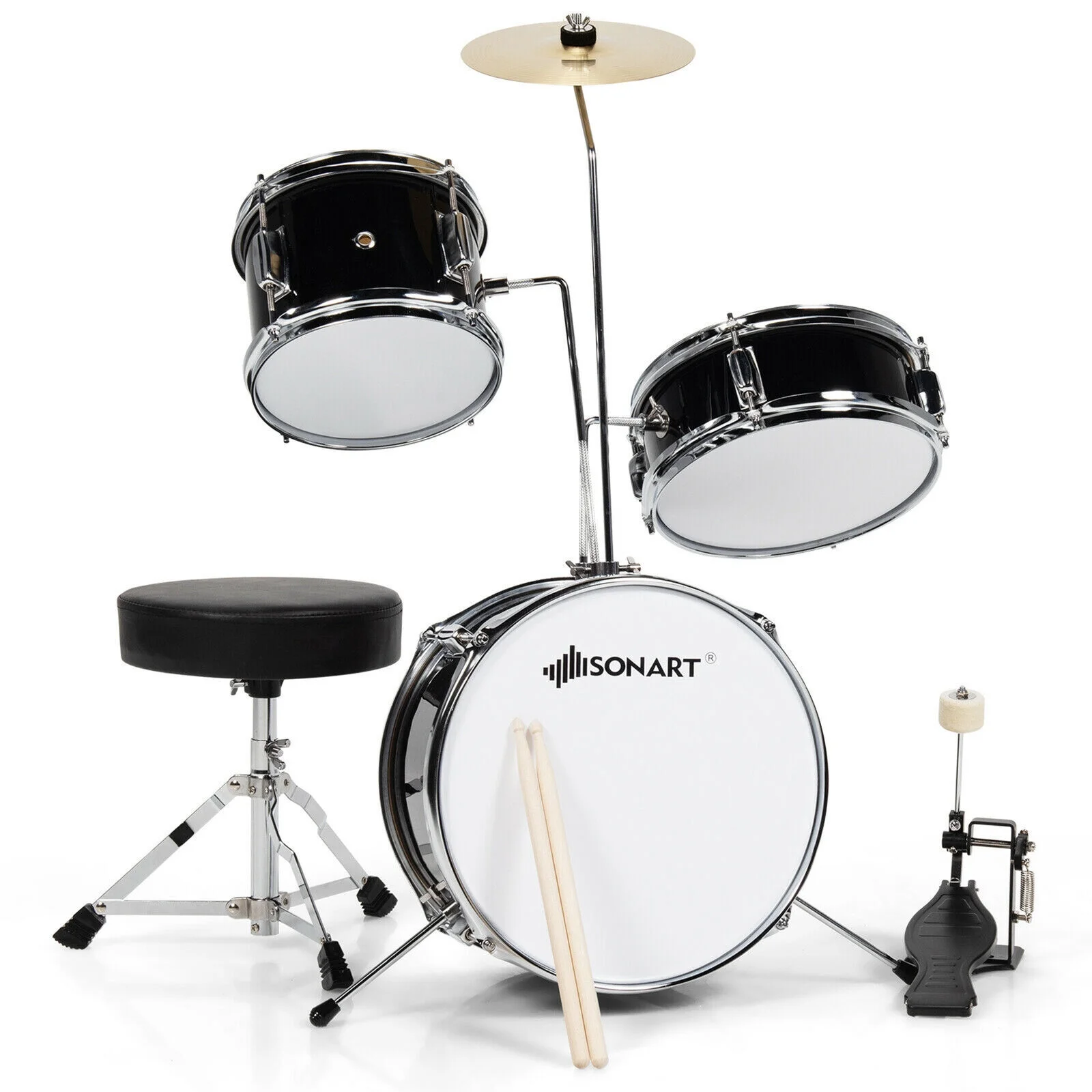 13-Inch 3-Piece Kids Junior Drum Set - Beginner Drum Kit with Tom, Snare, Bass Drum (Black)