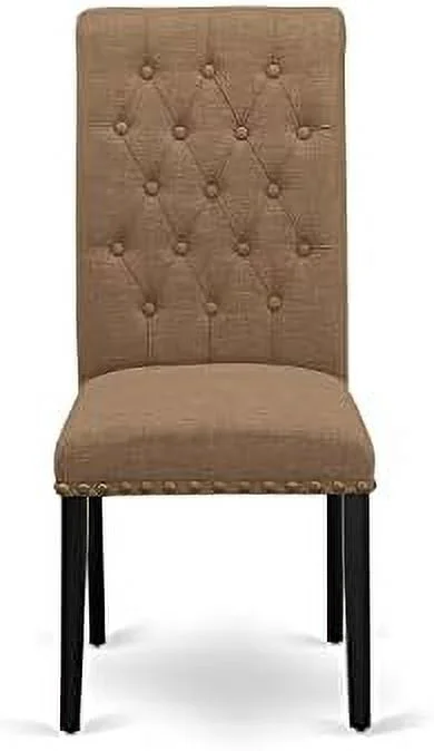 BRP1T17 Parson Dining Room Button Tufted Nailhead Trim Light Sable Linen Fabric Padded Chairs, Set Of 2, Black