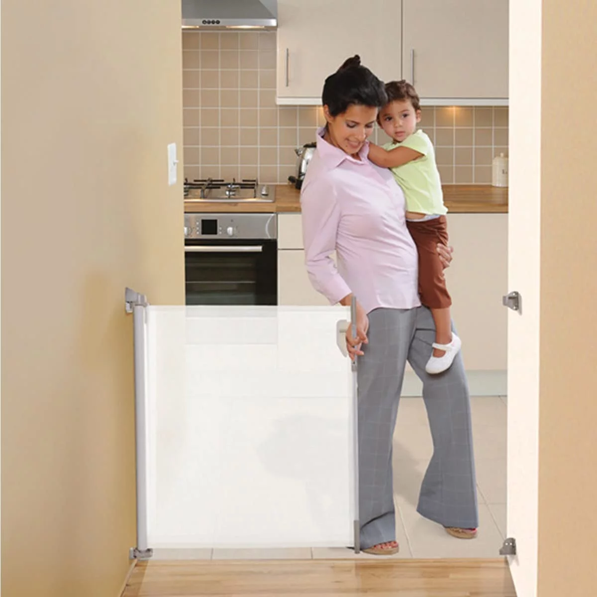 Outdoor Retractable Mesh Baby Gate, 2 Sets Of Hardware For Easy Relocation, 33” Tall And 55” Wide, For Doorways And Stairs - White