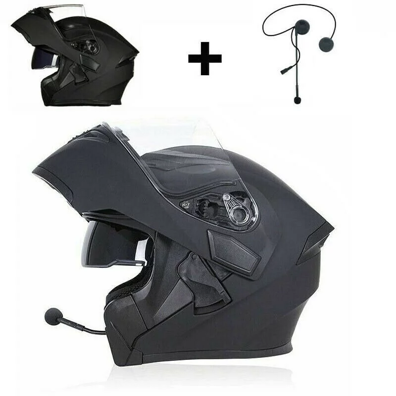 New DOT Helmet Full Face Motorcycle Street Bike Dual Visor Flip up Modular With Wireless Earphone Matt Black, L Size