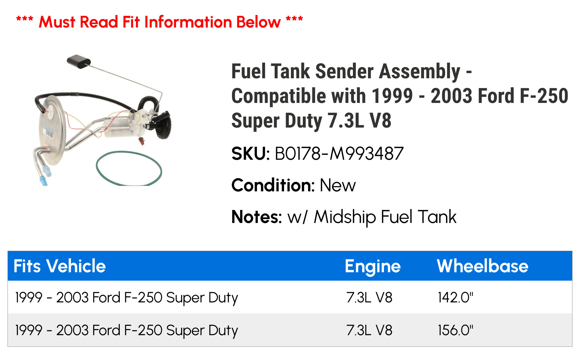 Fuel Tank Sender Assembly - Compatible with 1999 - 2003 Ford F-250 Super Duty 7.3L V8 2000 2001 2002