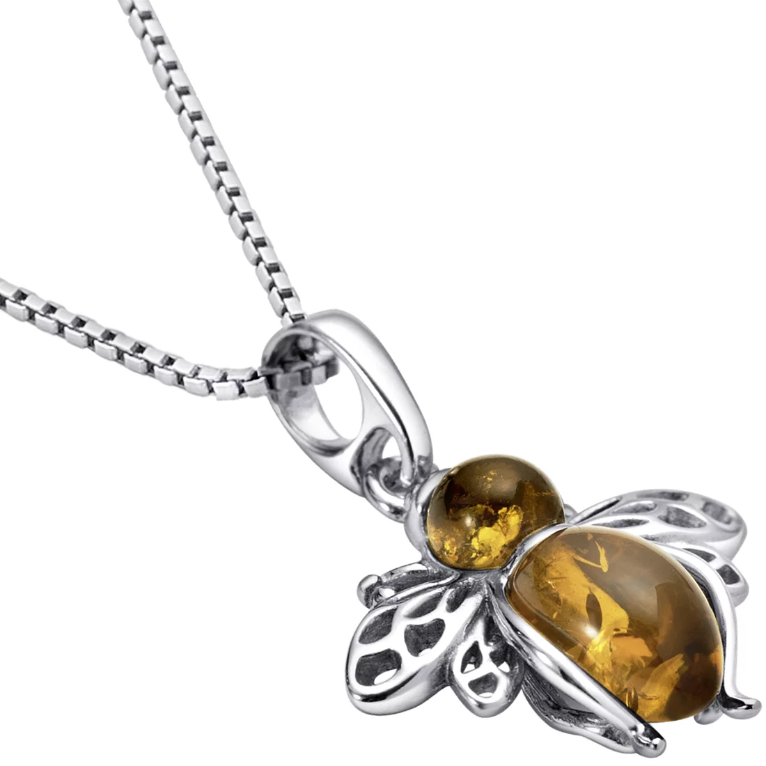 Baltic Amber Bee Pendant Necklace in Sterling Silver, 18
