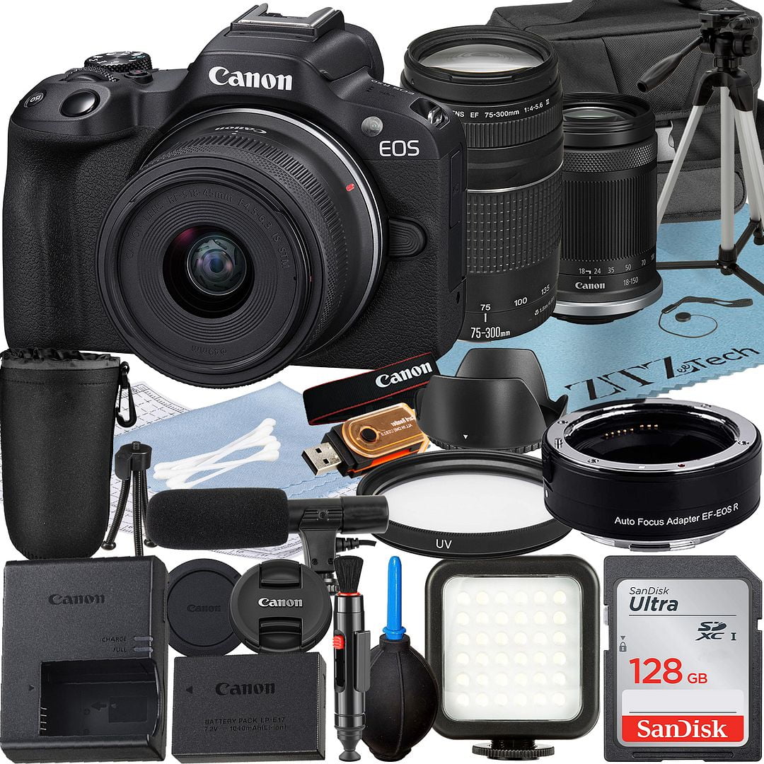 Canon EOS R50 Mirrorless Camera with RF-S 18-150mm + EF 75-300mm Lens + Mount Adapter + SanDisk 128GB Memory Card + Case + LED Flash + ZeeTech Accessory Bundle