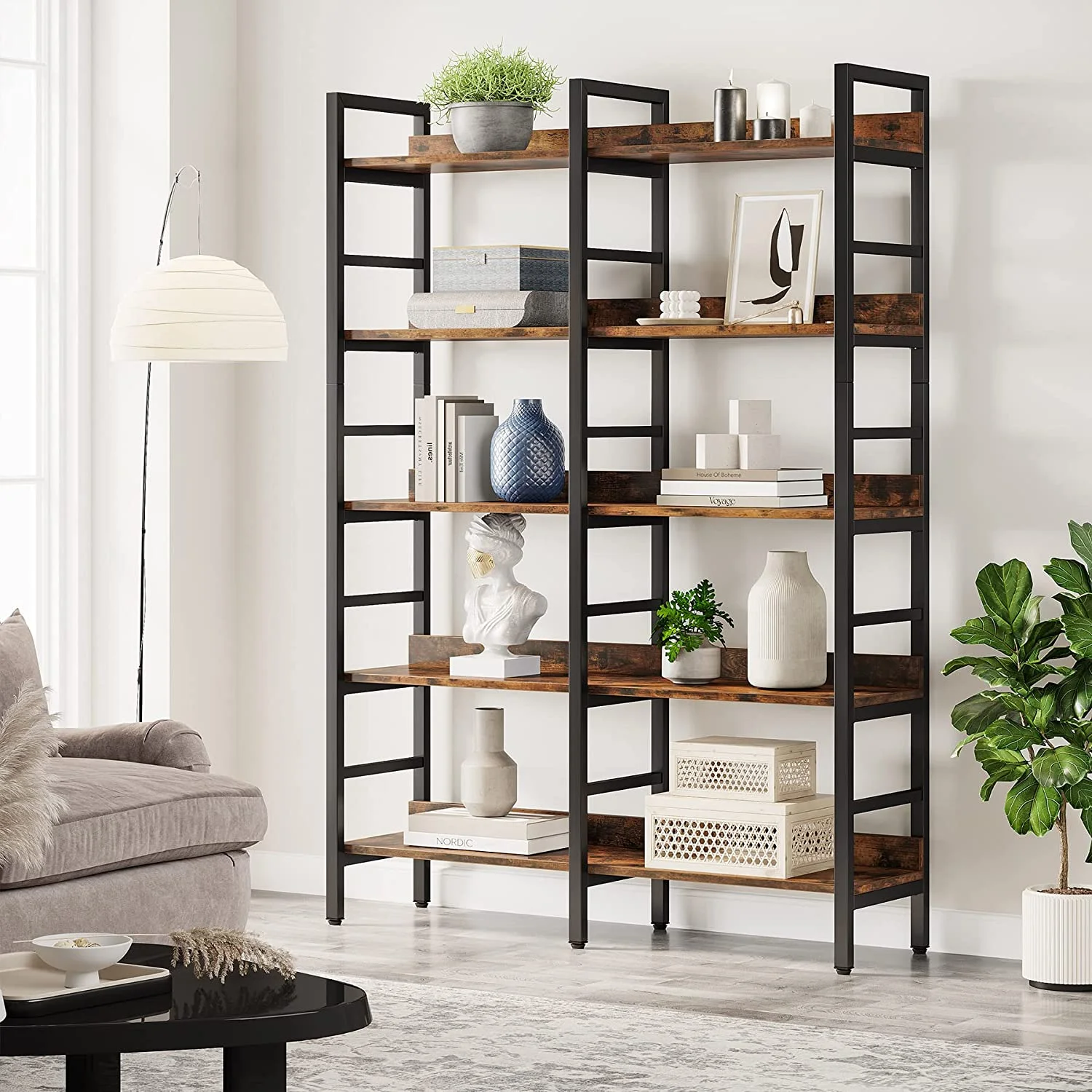HOOMHIBIU 5-Tier Industrial Bookshelf  71\u201DH x 47\u201DW Etagere Bookcase  Freestanding Double Wide Book  for  and Display  Wood and Metal Bookshelves for Living Room Home Office  Rus