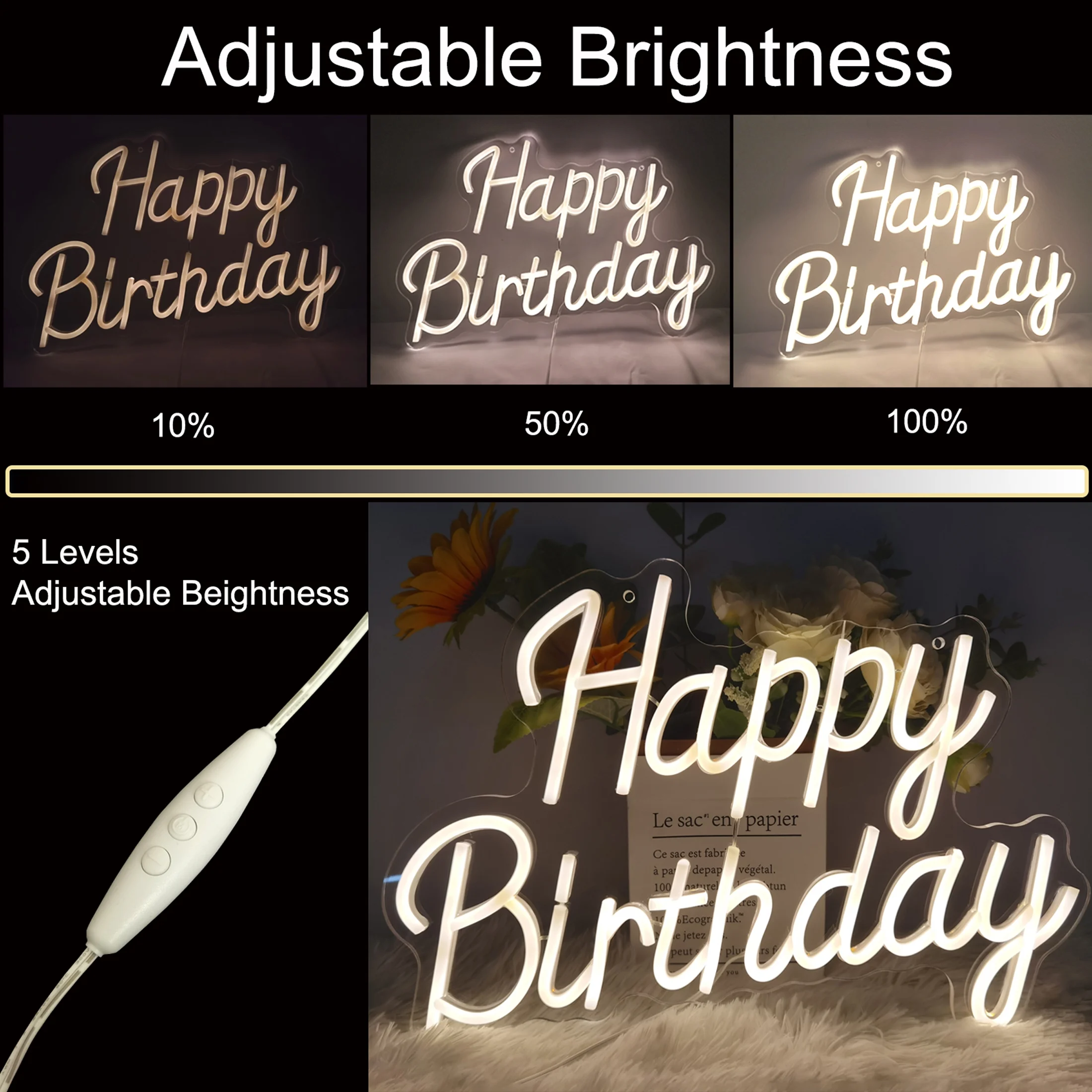 EMANNON Happy Birthday Neon Sign with Dimmable Switch - USB Powered Happy Birthday LED Light Up Sign for Party Decoration (Warm White, 17x12 Inch)