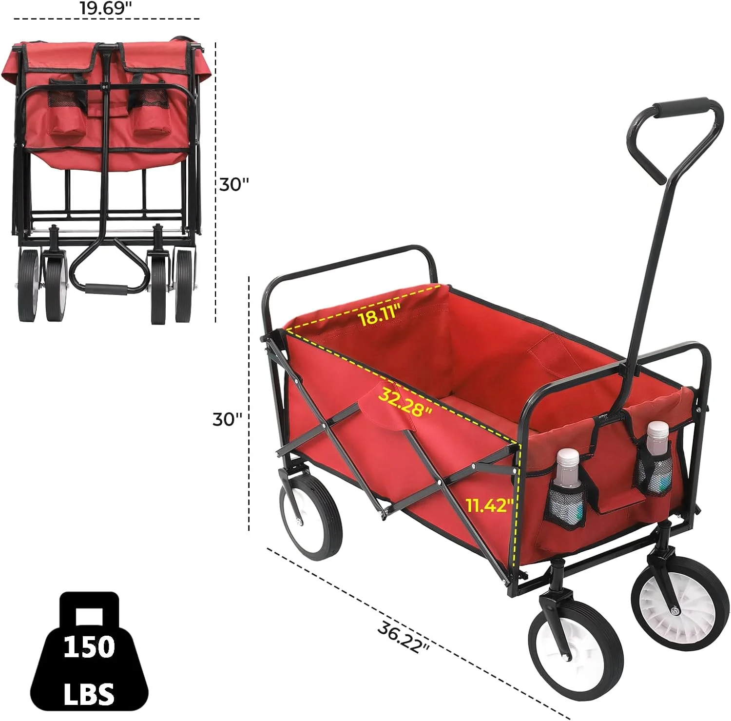 Collapsible Folding Wagon Cart, Outdoor Park Utility Garden Wagon with 2 Cup Holders, Heavy Duty Portable Picnic Camping Cart for Shopping, Sport, Beach, Camping, Grocery, 150 LBS (Red)