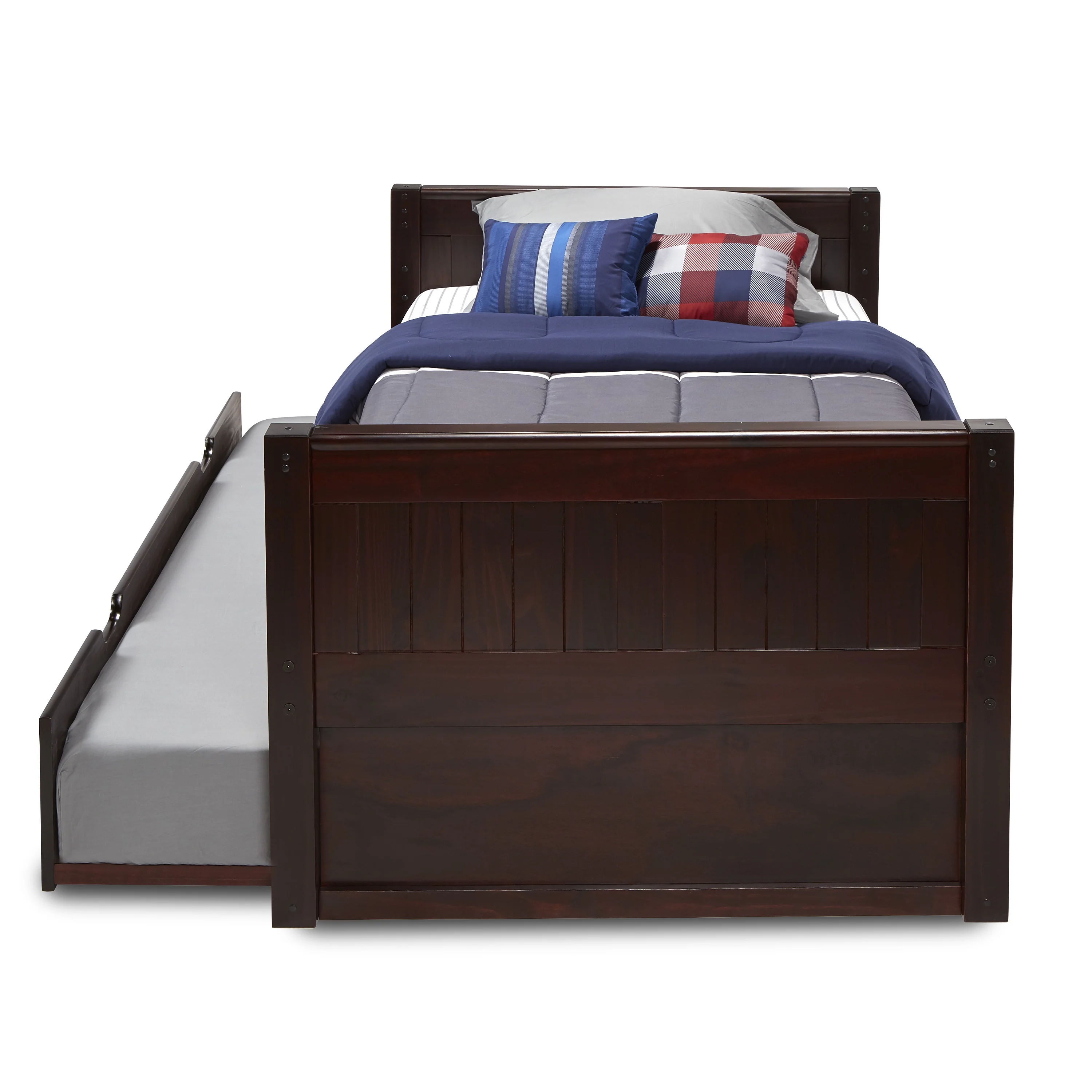 Camaflexi Twin Size Platform Bed with Twin Trundle - Panel Headboard - Cappuccino Finish