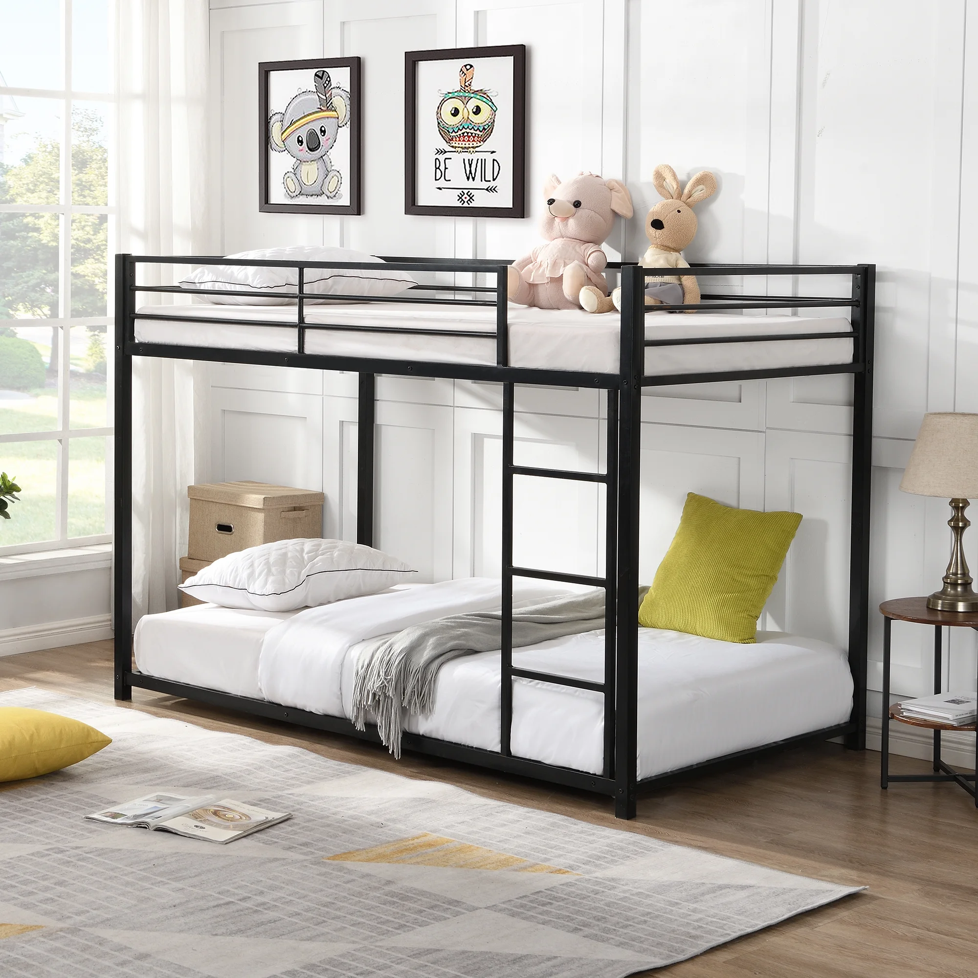 Low Bunk Bed with Ladder Metal Bunk Bed Heavy Duty Bed Frame with Safety Guard Rails & Flat Ladder for Kids Teens Adults