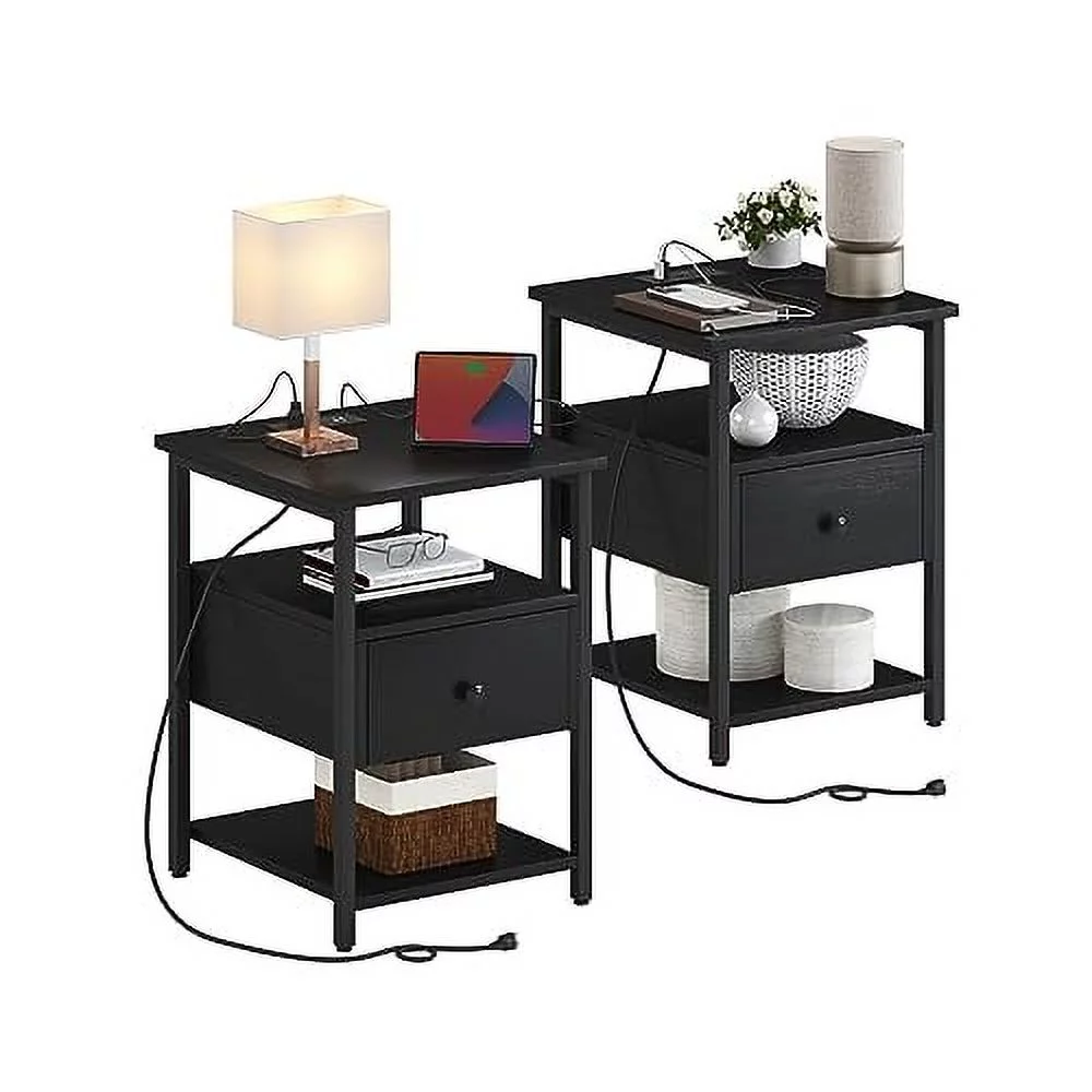Modern End Table Bedside Table with USB Ports and Storage – Nightstand Set of 2 with Charging Station for Bedroom, Living Room, Sofa Couch