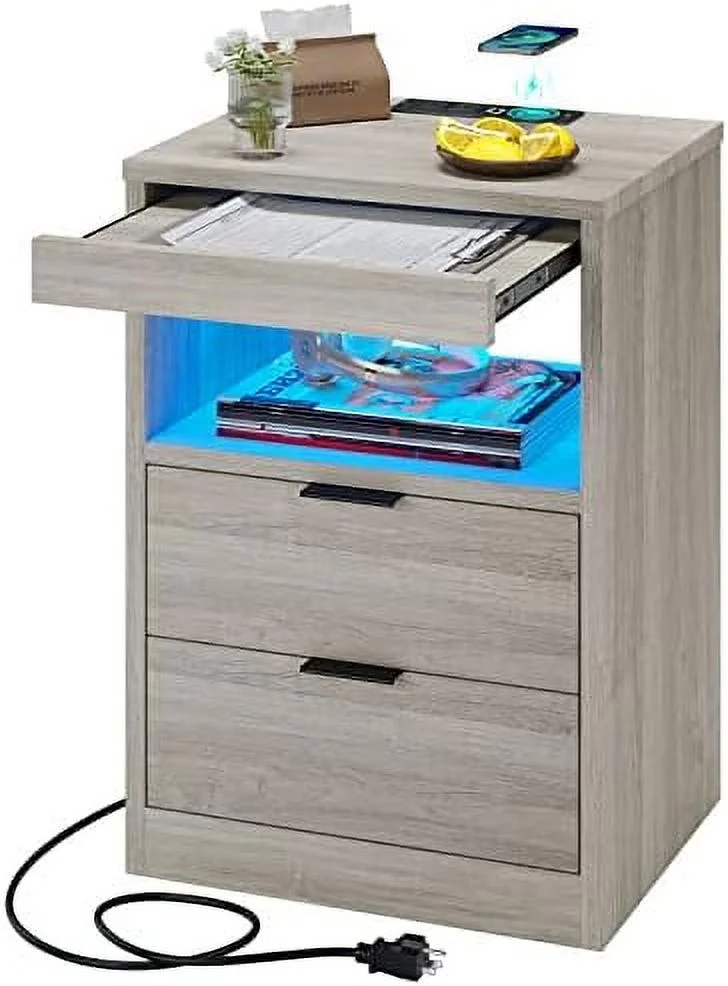 NLIBOOMLife Black Nightstand with LED Lights and Charging Station  LED Bedside Table with Open   2 Drawers  1 Pull-Out Tray  End Table.