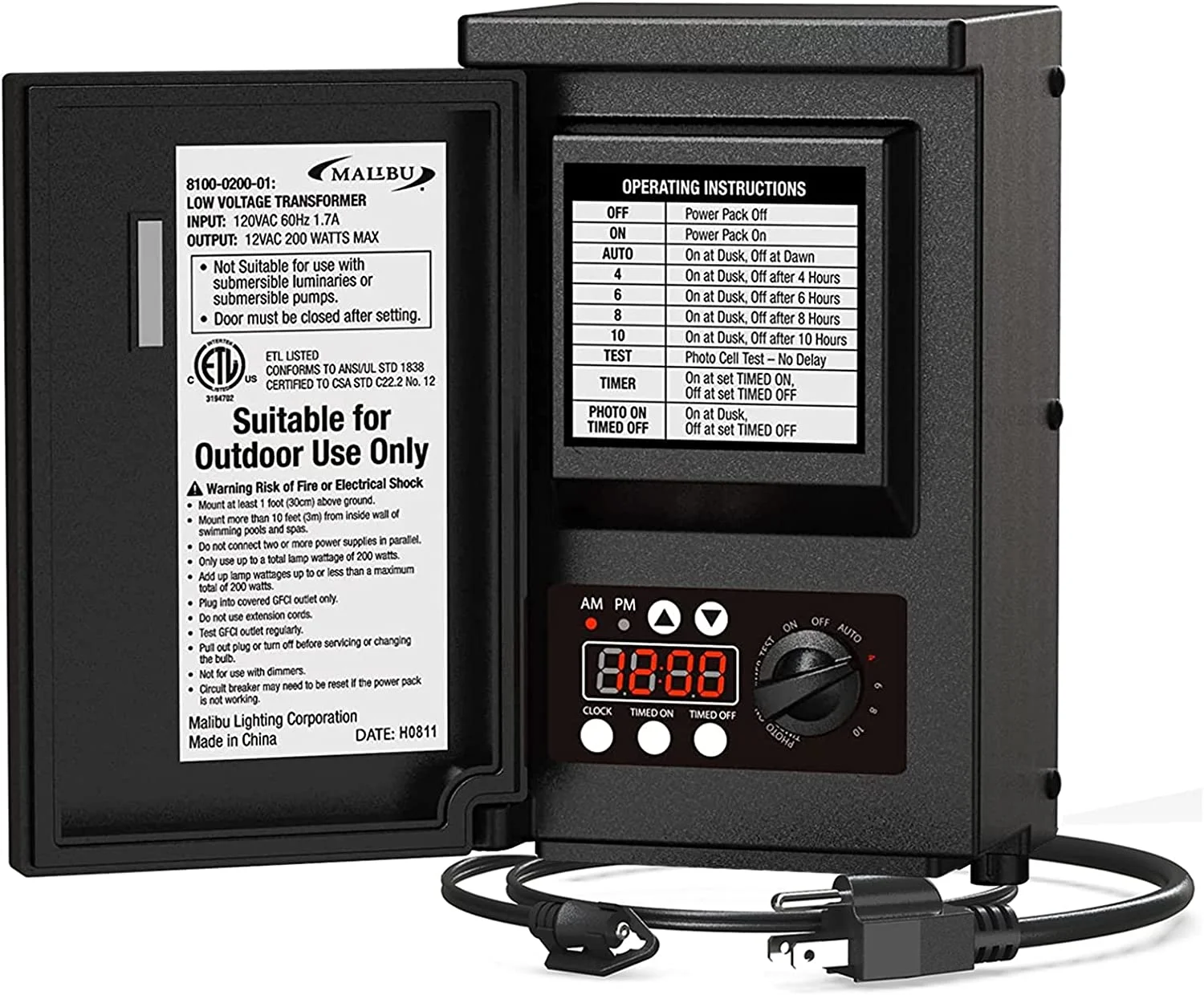 Malibu 200W Power Pack Low Voltage Transformer Outdoor Lighting Transformer with Photo Sensor and Timer, Weatherproof for Outdoor Low Voltage Landscape Light, Spotlight, Pathway Light 8100-0200-01