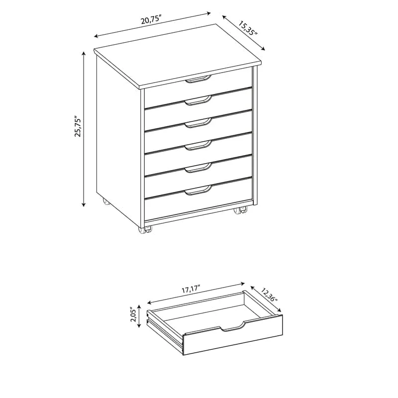 Riverbay Furniture Six Drawer Wide Wood Rolling Cart in White Wash