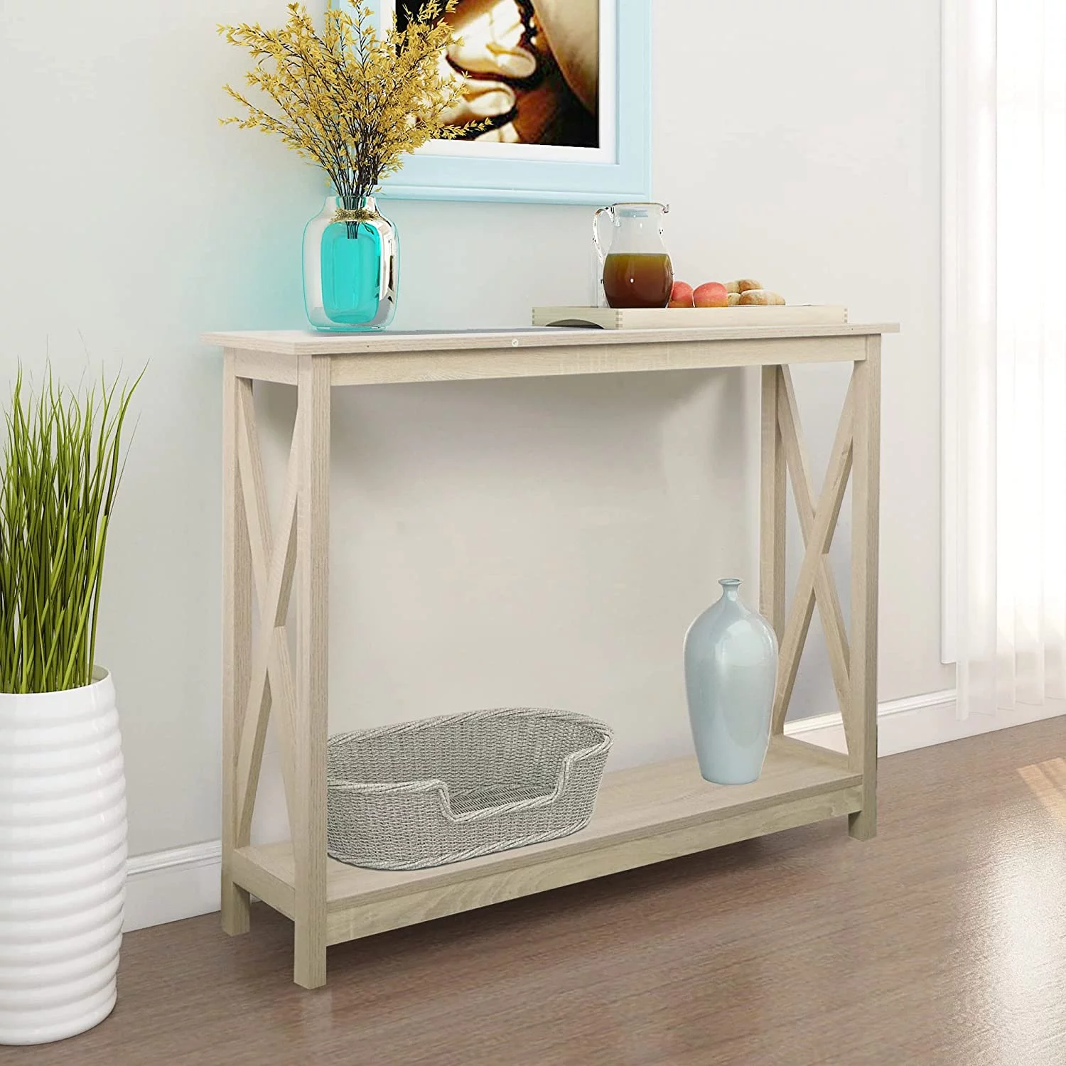 Console Table Entryway Table Sofa Table, Modern Farmhouse Wood Console Table with 2-Tier Storage, 39 Inch, White Oak