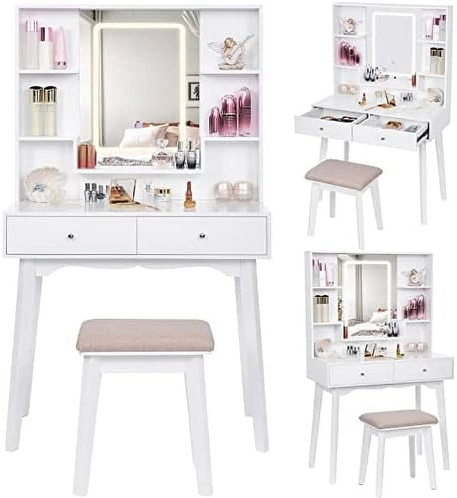 SQIUYHB Vanity Desk Vanity Table Set with LED Lighted Mirror 3 Lighting Colors Adjustable 5  Shelves Cushioned Stool 2 Big Drawers Dresser Desk for Girls Women Black UBDT14B
