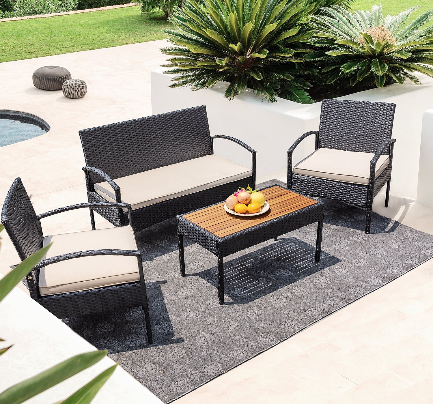 LACOO 4 Pieces Outdoor Furniture Set Patio Rattan Chair Set Wicker Conversation Set with Loveseat and Wood Table, Black/Beige