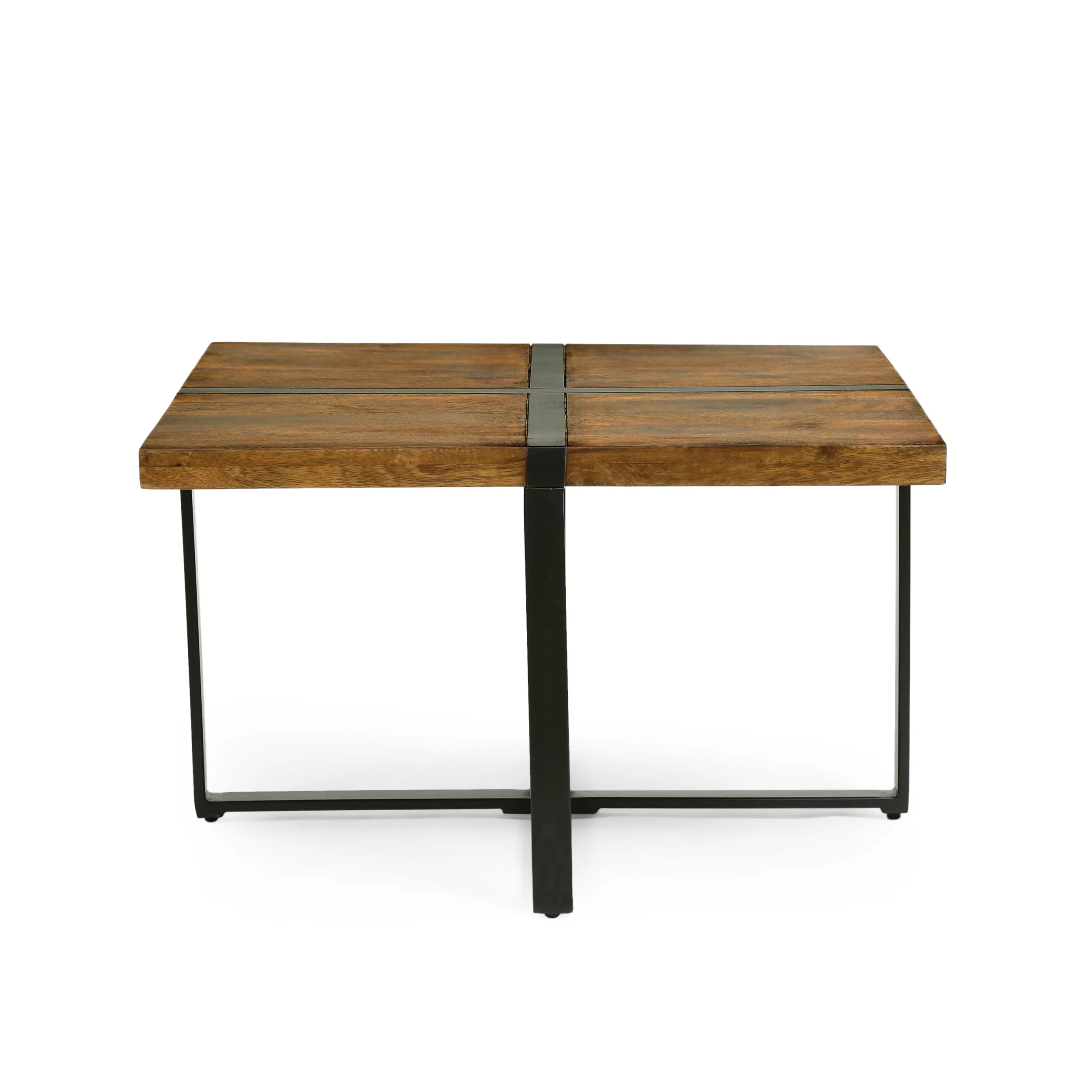 Noble House Parkey Mango Wood and Metal Handmade Square Coffee Table, Walnut Brown and Black