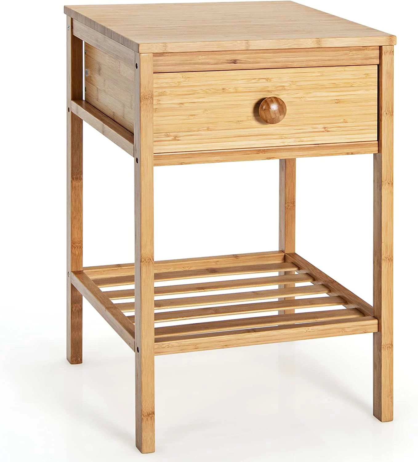 Bamboo End Table, Bedside Table with Drawer & Open Shelf, Multifunctional Side Table for Small Spaces, Accent Sofa Side Table for Living Room, Bedroom, Easy Assembly, Natural