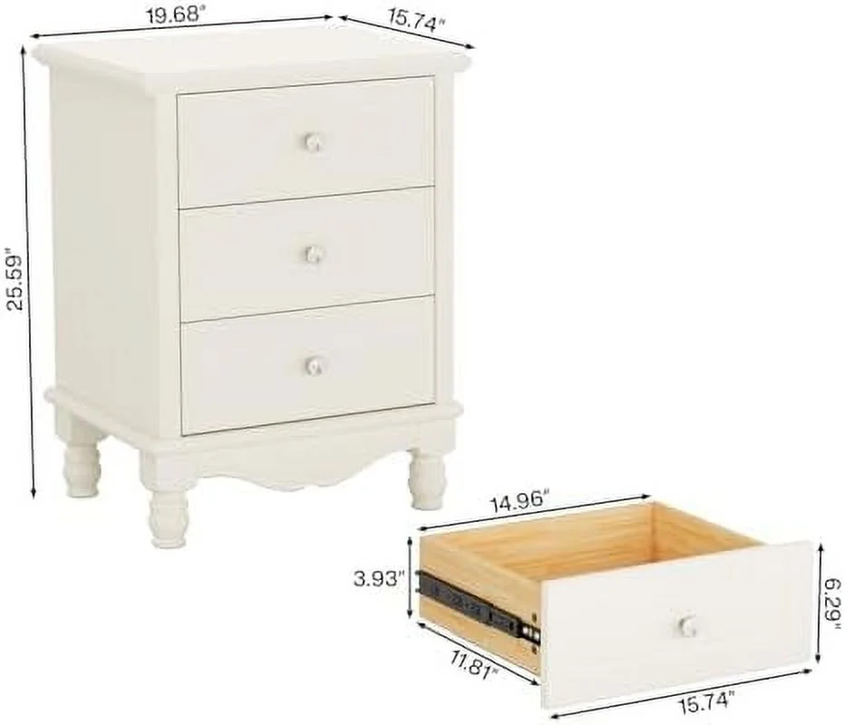 MQLIFEBOOM 3-Drawer Nightstand Set 2  All-Wood Night Stand with 3   White Farmhouse Bed  for Bedroom  Tall Nightstand with Drawers  Large Side End Table for Living Room