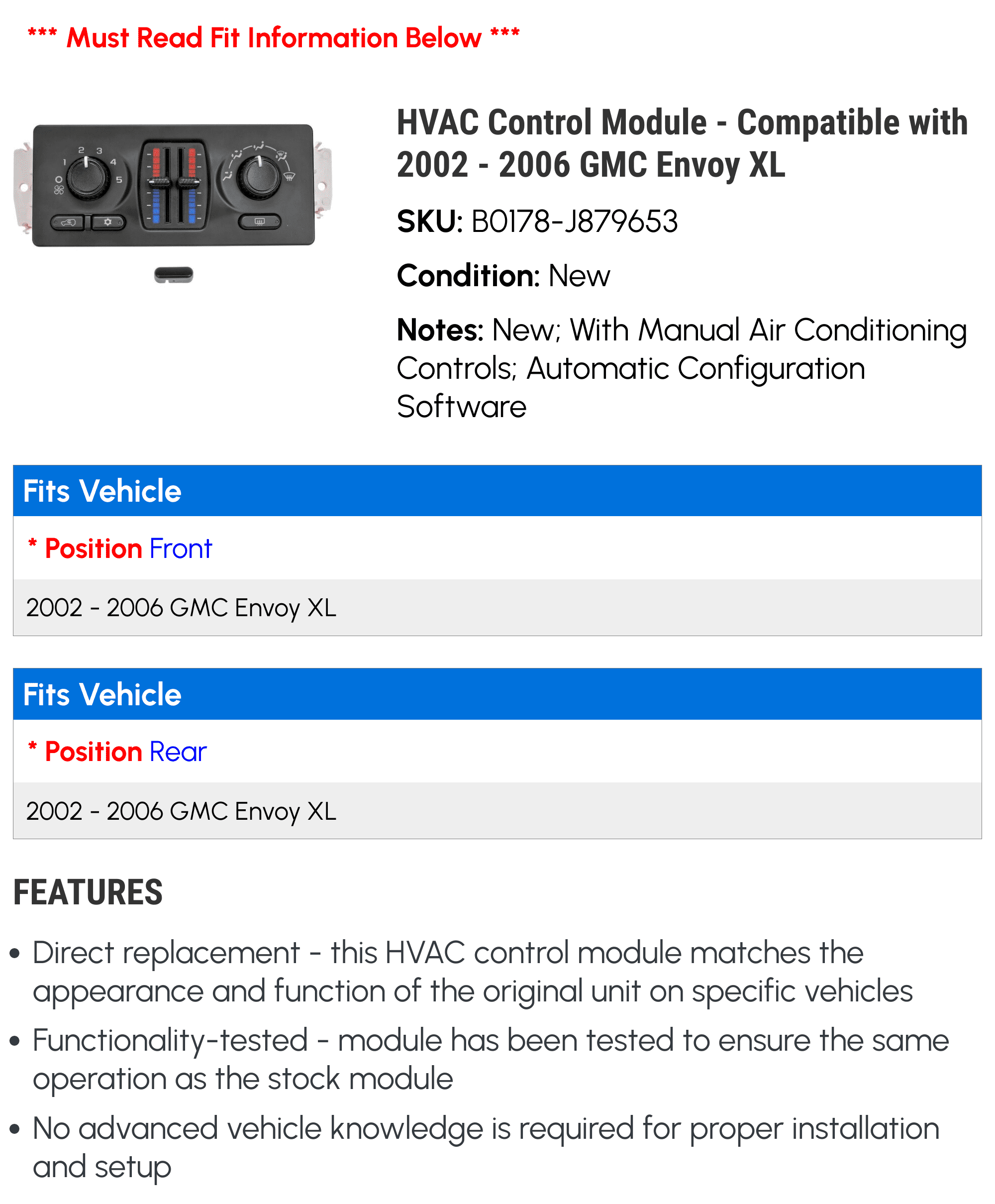HVAC Control Module - Compatible with 2002 - 2006 GMC Envoy XL 2003 2004 2005