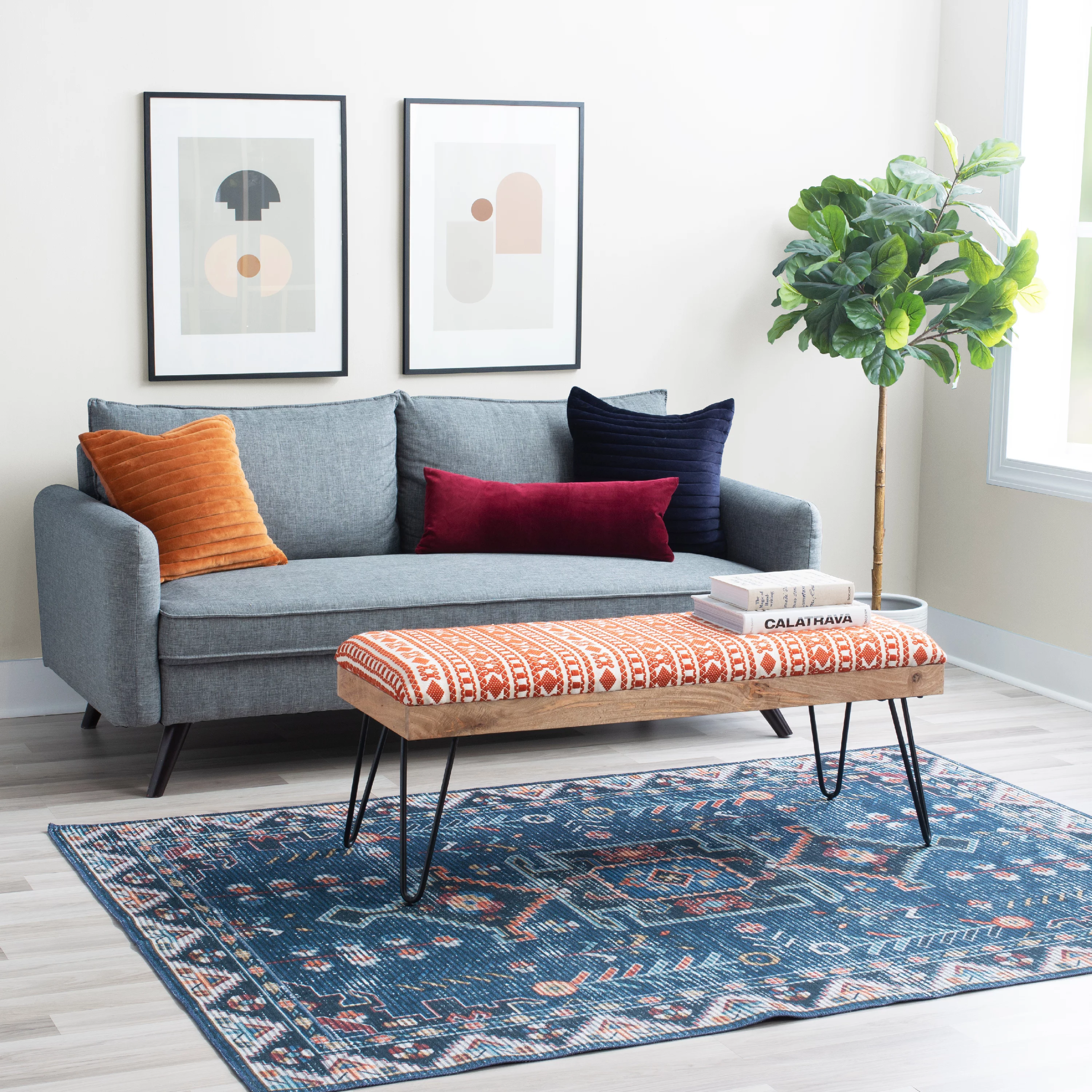 Newley Upholstered Bench, Black Hairpin Legs with Terra Cotta and Natural Stripe Fabric