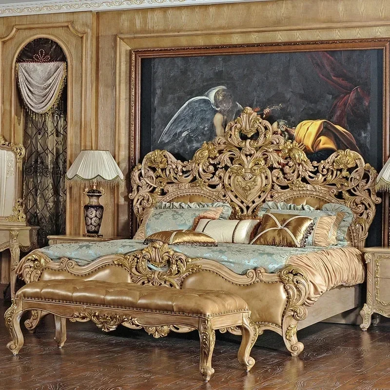 Custom European villa double bed solid wood 1.8m carved princess  leather wedding French court furniture