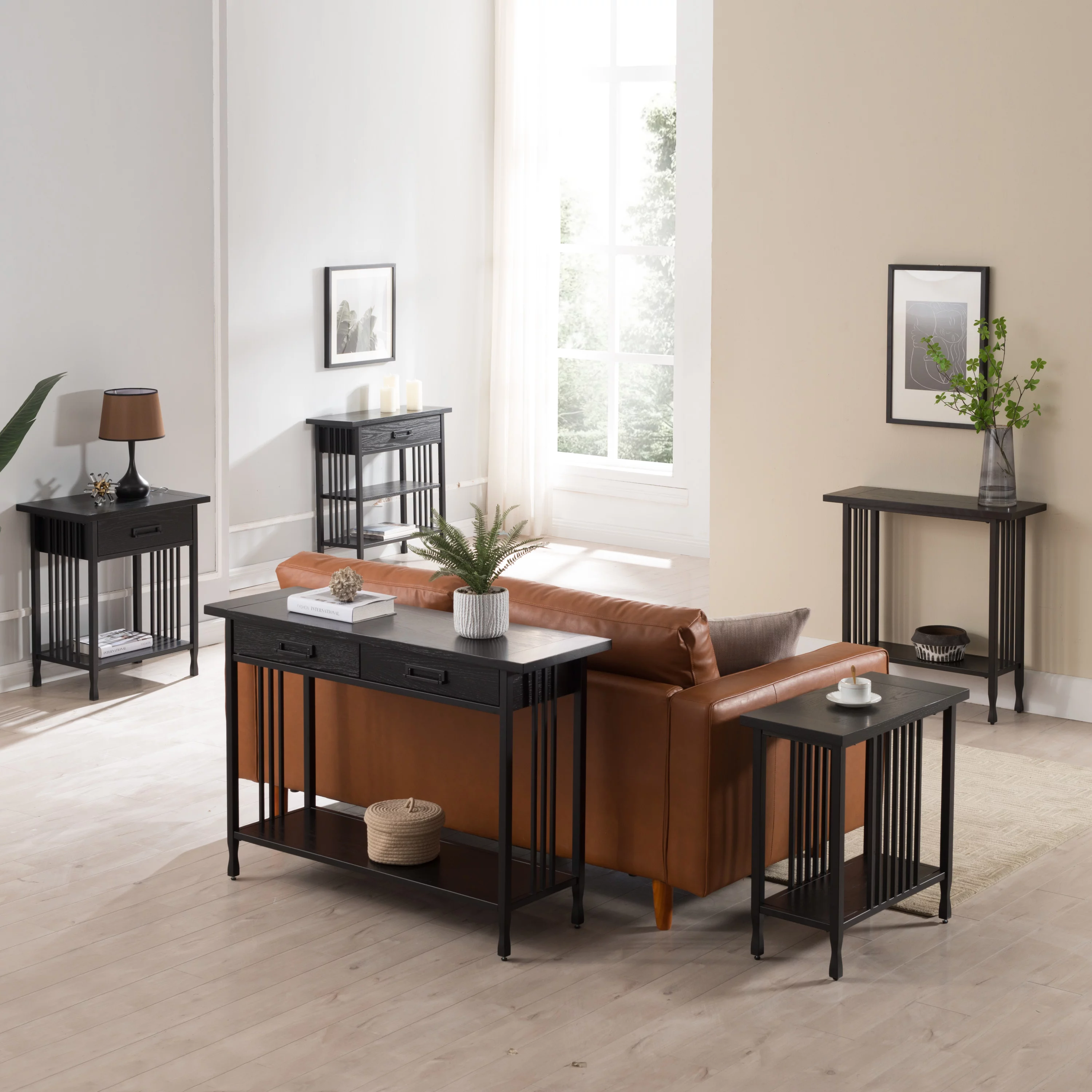 Leick Home 11233-BK Ironcraft Rustic Two Drawer Console Table with Shelf, Black Wash