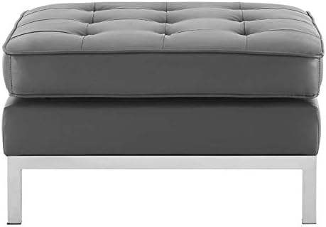 Tufted Upholstered Leather Ottoman in Silver and Gray